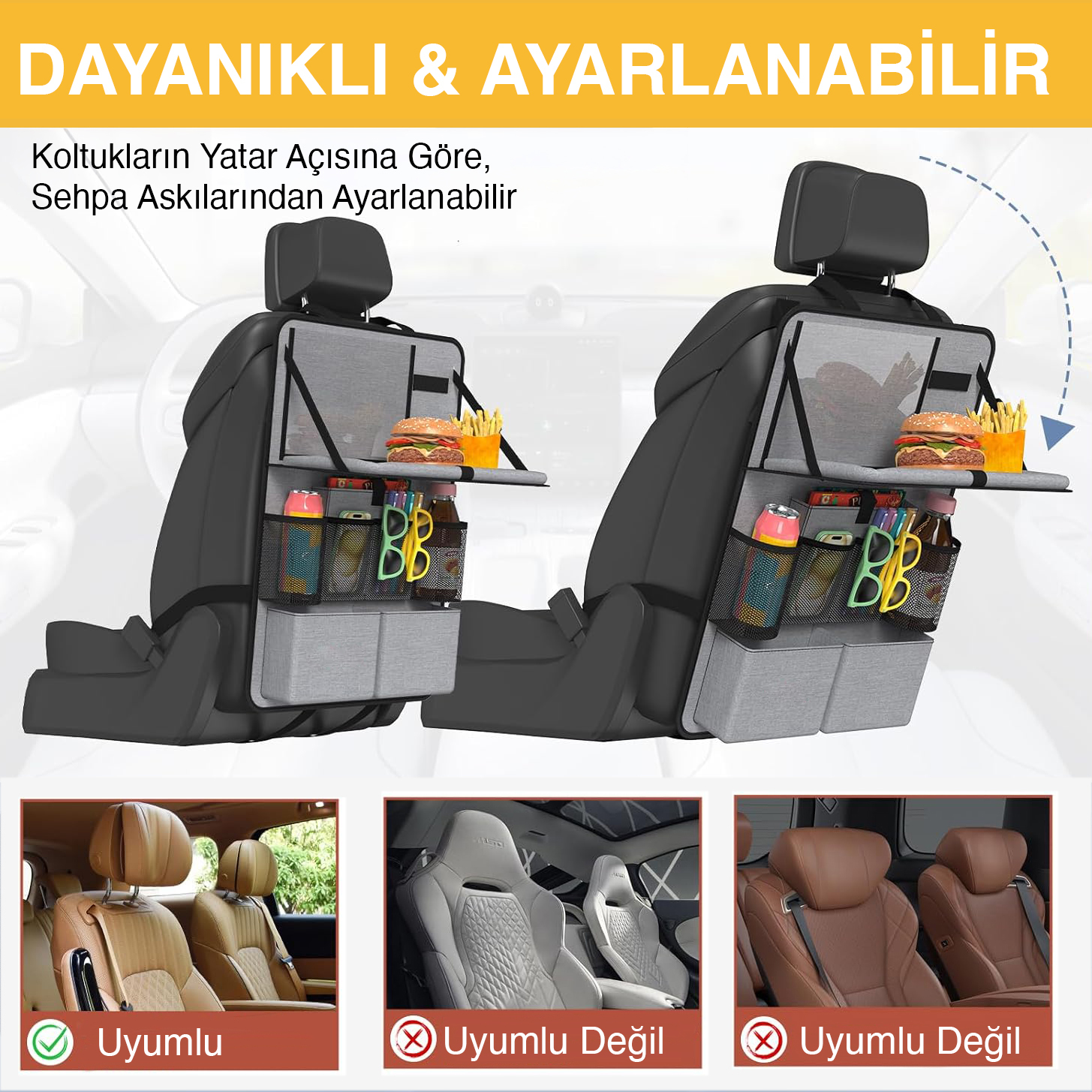 Araç Koltuk Arkası Düzenleyici Araç içi Organizer Düzenleyici Katlanır Sehpalı Çocuk Tekmeleri için çok Fonksiyonlu Araba Koltuğu Sırt Koruyucu Paspas Mat Tablet Bölmeli ve Çok Sayıda Cepli Siyah 6