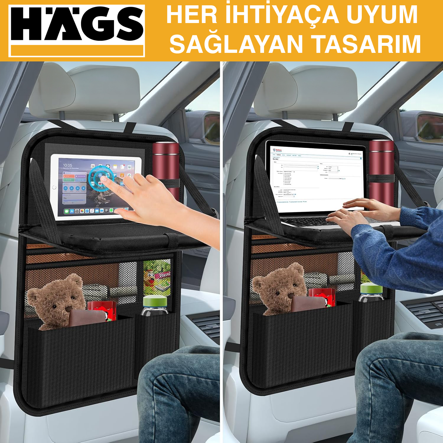 Araç Koltuk Arkası Düzenleyici Araç içi Organizer Düzenleyici Katlanır Sehpalı Çocuk Tekmeleri için çok Fonksiyonlu Araba Koltuğu Sırt Koruyucu Paspas Mat Tablet Bölmeli ve Çok Sayıda Cepli Siyah 5