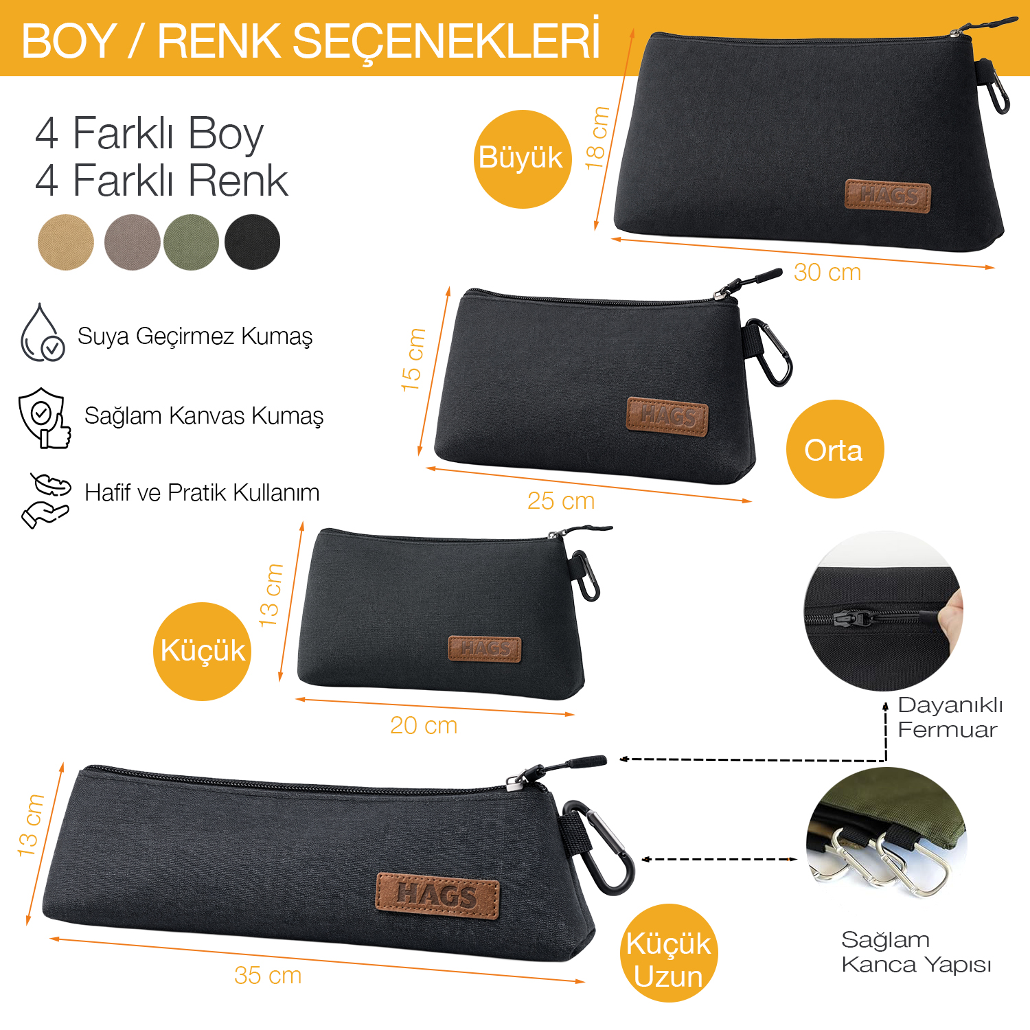 Haegs Çok Amaçlı Küçük Alet Çantası Fermuarlı Kanvas Kalemlik Alet Kırtasiye ve Kalemler için Saklama Düzenleyici Çantalar Organizer Kese 4 lü Büyük Boy Karışık Renk 3