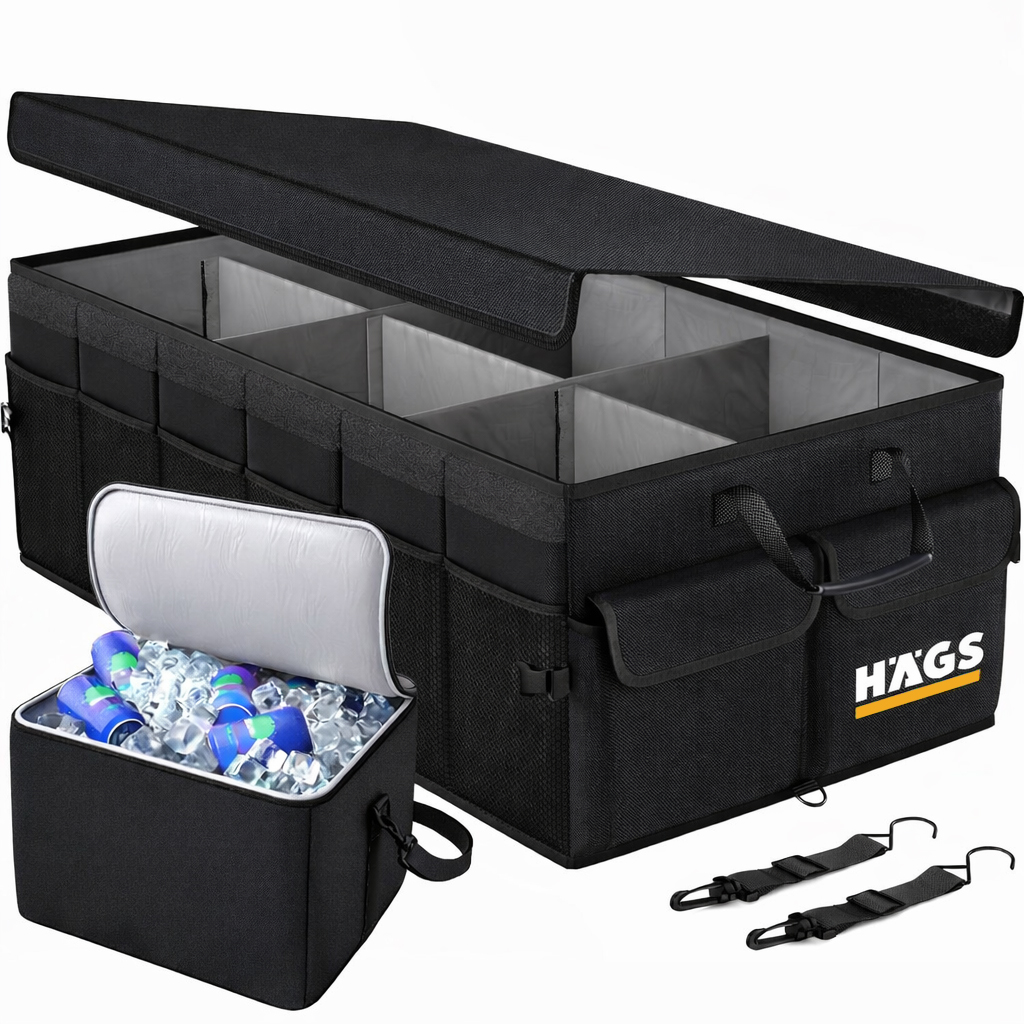 HAEGS Araç Bagaj Düzenleyici Soğutucu Çantalı Bagaj Organizer Sağlam Katlanabilir Otomobil ve SUV lar için Cepli 3 Ana Bölmeli 100L 90x40x28 cm - Siyah 1