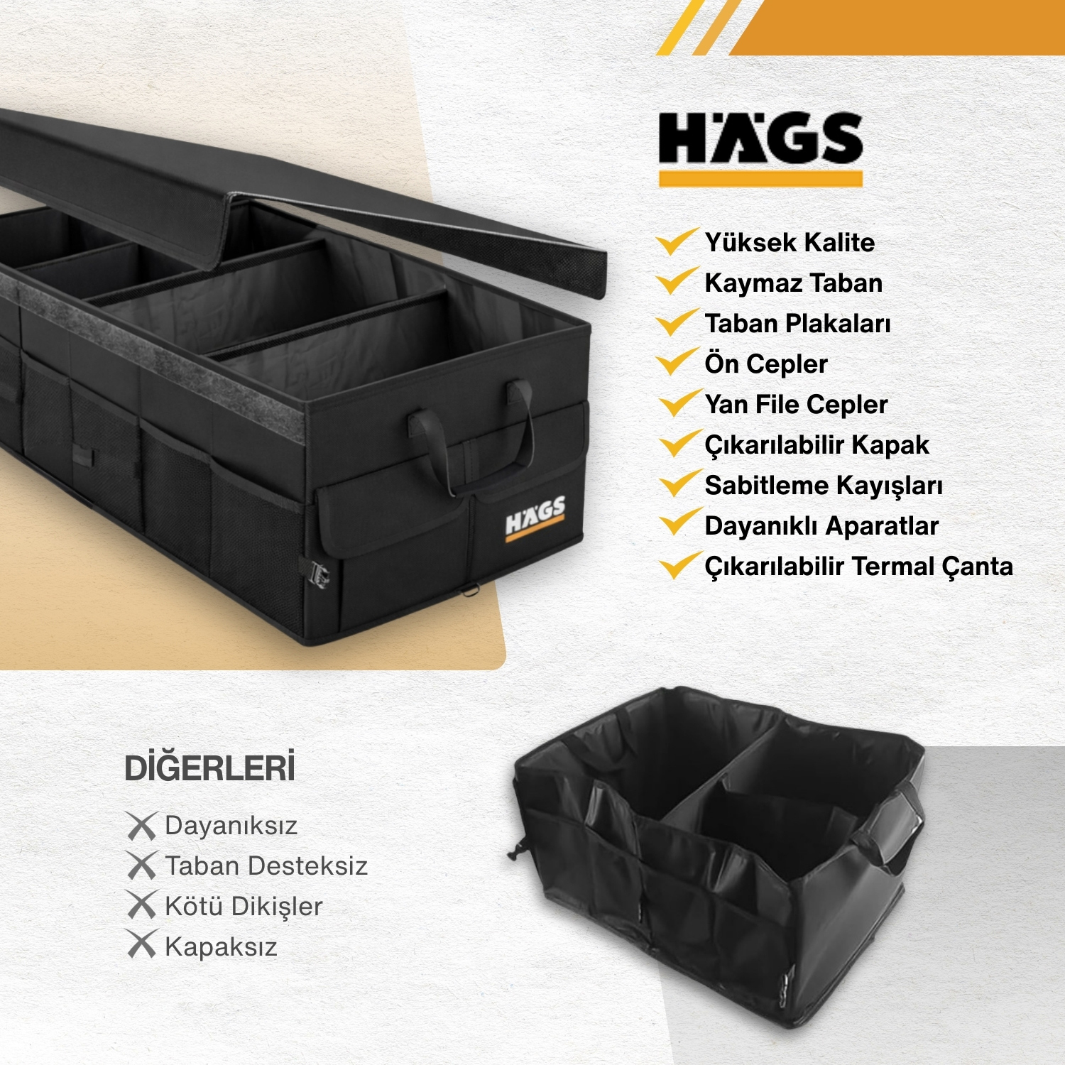 HAEGS Araç Bagaj Düzenleyici Soğutucu Çantalı Bagaj Organizer Sağlam Katlanabilir Otomobil ve SUV lar için Cepli 3 Ana Bölmeli 100L 90x40x28 cm - Gri 9