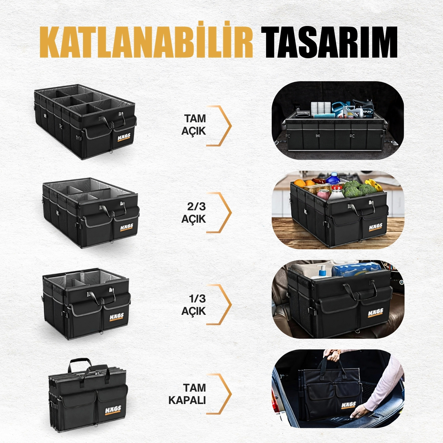HAEGS Araç Bagaj Düzenleyici Soğutucu Çantalı Bagaj Organizer Sağlam Katlanabilir Otomobil ve SUV lar için Cepli 3 Ana Bölmeli 100L 90x40x28 cm - Gri 7
