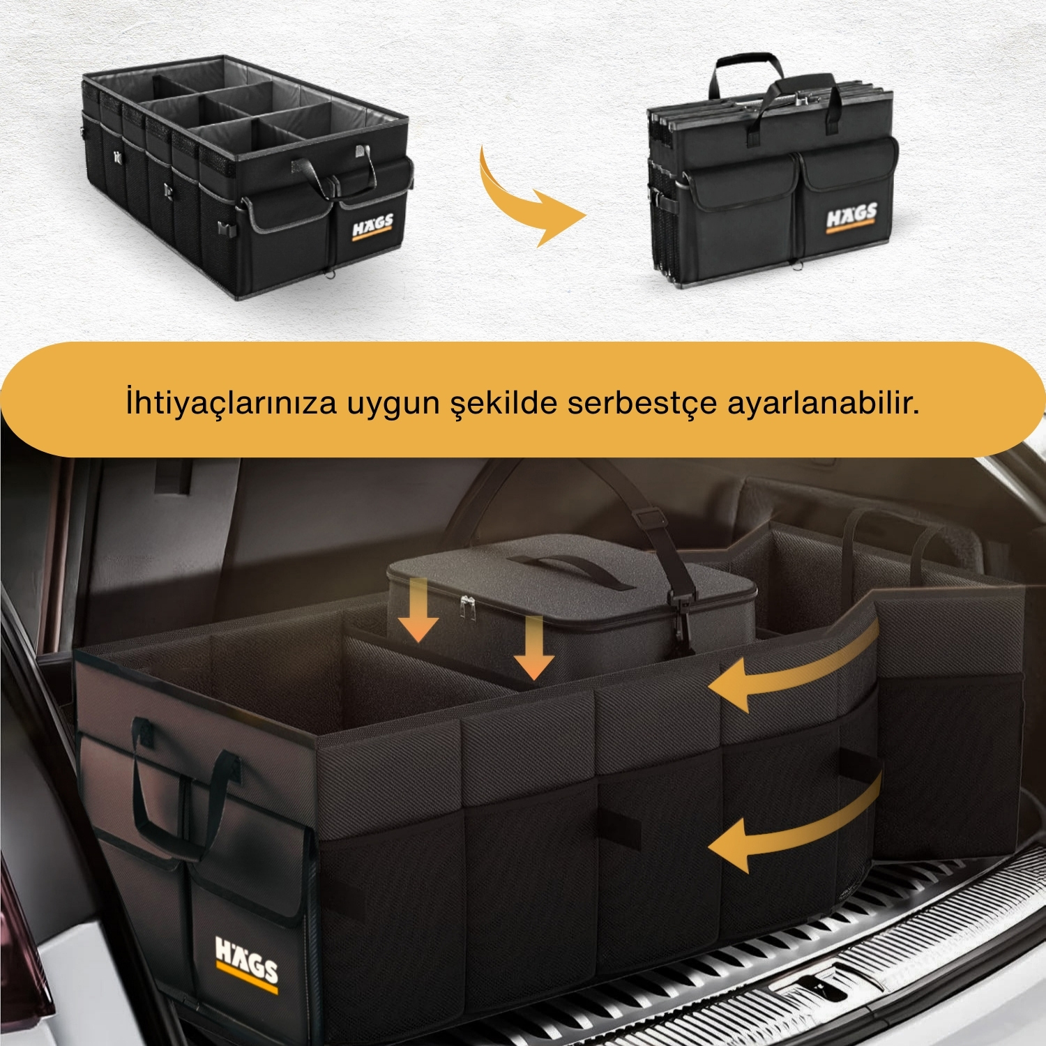 HAEGS Araç Bagaj Düzenleyici Soğutucu Çantalı Bagaj Organizer Sağlam Katlanabilir Otomobil ve SUV lar için Cepli 3 Ana Bölmeli 100L 90x40x28 cm - Gri 10