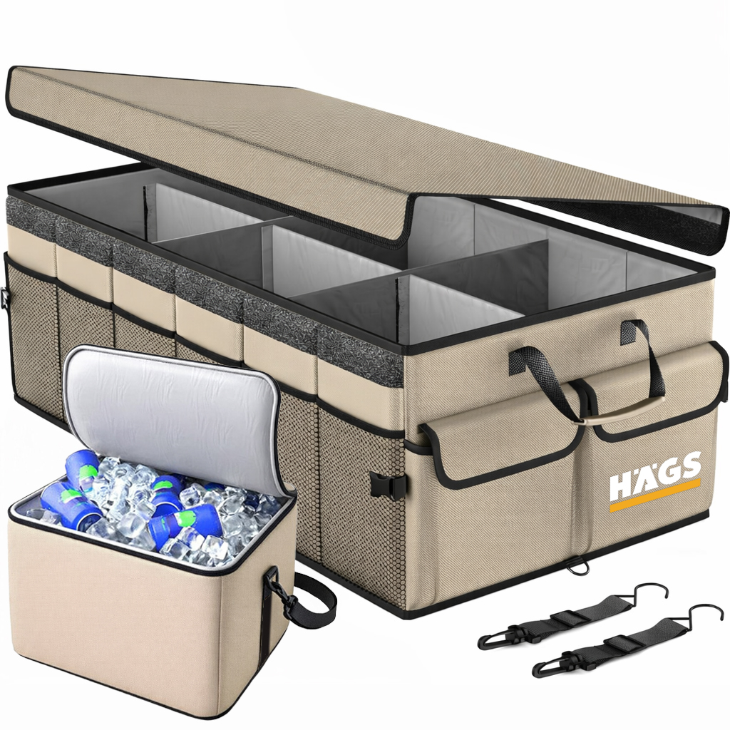 HAEGS Araç Bagaj Düzenleyici Soğutucu Çantalı Bagaj Organizer Sağlam Katlanabilir Otomobil ve SUV lar için Cepli 3 Ana Bölmeli 100L 90x40x28 cm - Bej 1