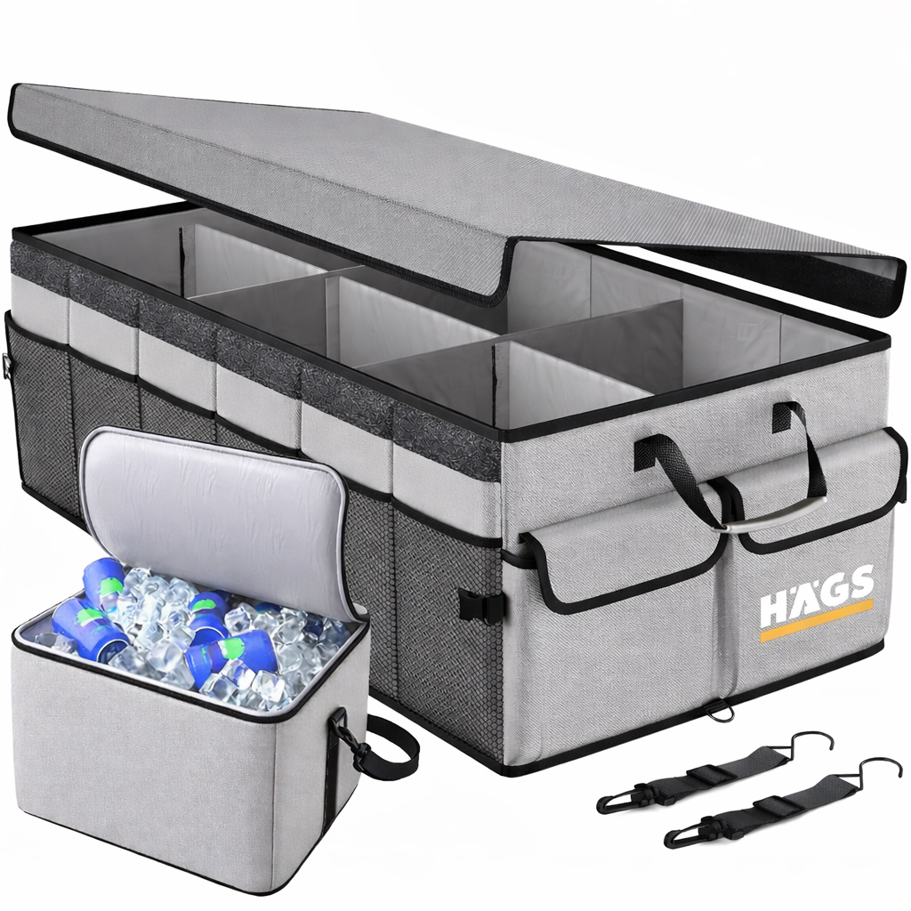 HAEGS Araç Bagaj Düzenleyici Soğutucu Çantalı Bagaj Organizer Sağlam Katlanabilir Otomobil ve SUV lar için Cepli 3 Ana Bölmeli 100L 90x40x28 cm - Gri 1