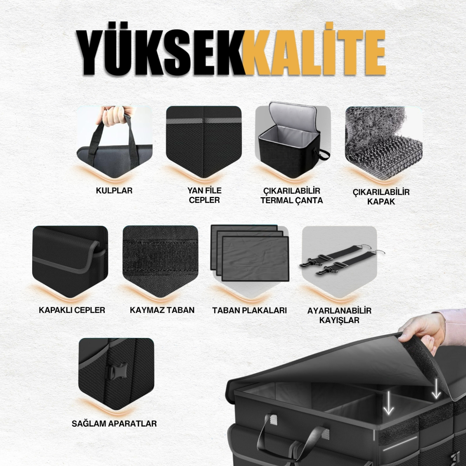 HAEGS Araç Bagaj Düzenleyici Soğutucu Çantalı Bagaj Organizer Sağlam Katlanabilir Otomobil ve SUV lar için Cepli 3 Ana Bölmeli 100L 90x40x28 cm - Bej 10