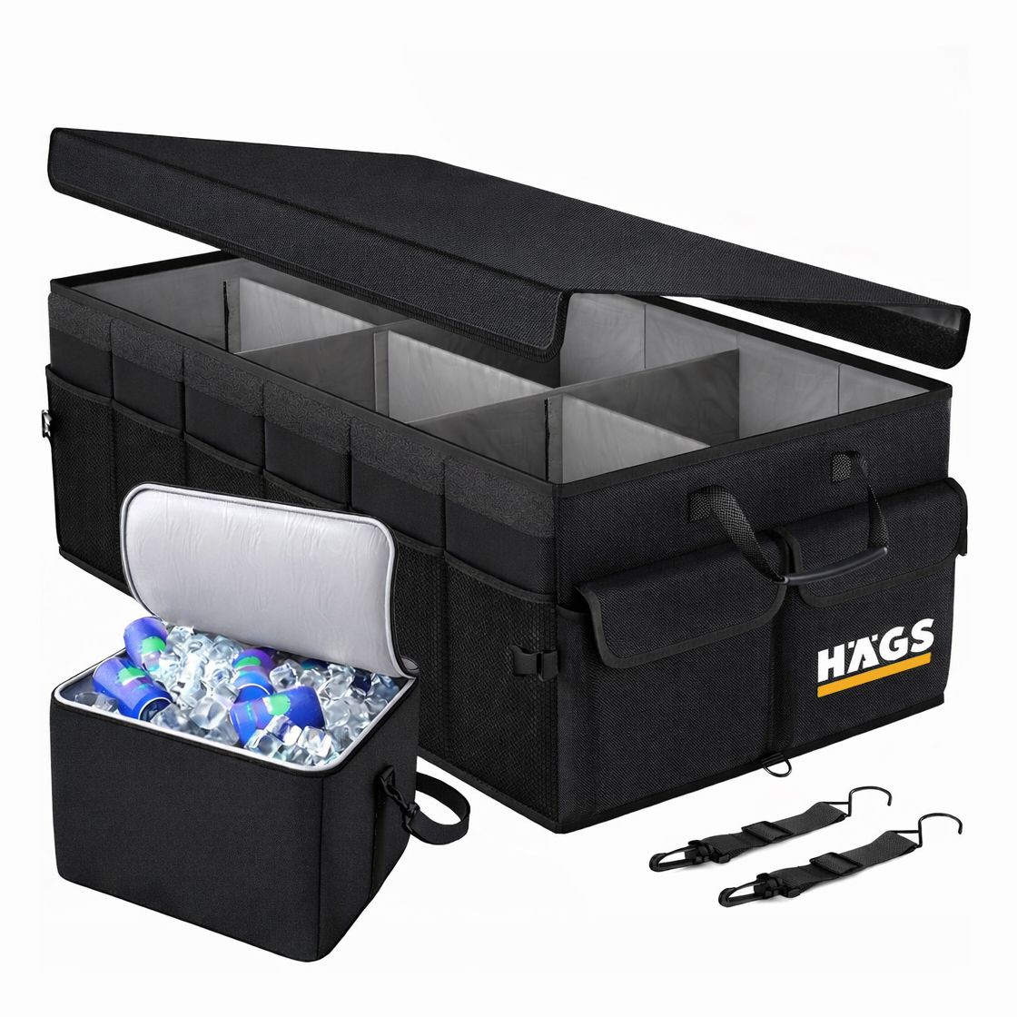 HAEGS Araç Bagaj Düzenleyici Soğutucu Çantalı Bagaj Organizer Sağlam Katlanabilir Otomobil ve SUV lar için Cepli 3 Ana Bölmeli 70L 75x35x28 cm - Siyah
