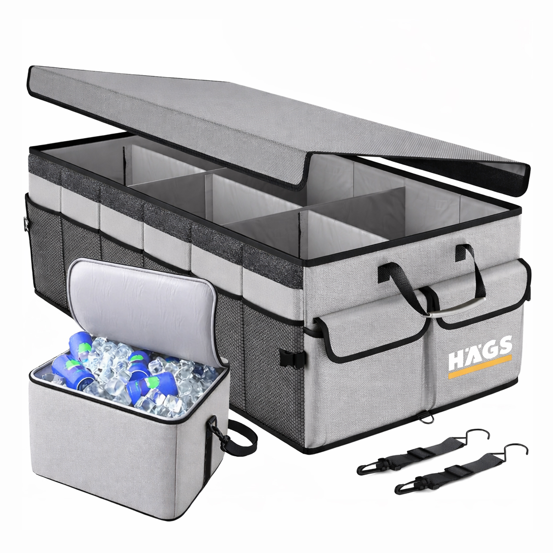 HAEGS Araç Bagaj Düzenleyici Soğutucu Çantalı Bagaj Organizer Sağlam Katlanabilir Otomobil ve SUV lar için Cepli 3 Ana Bölmeli 70L 75x35x28 cm - Gri