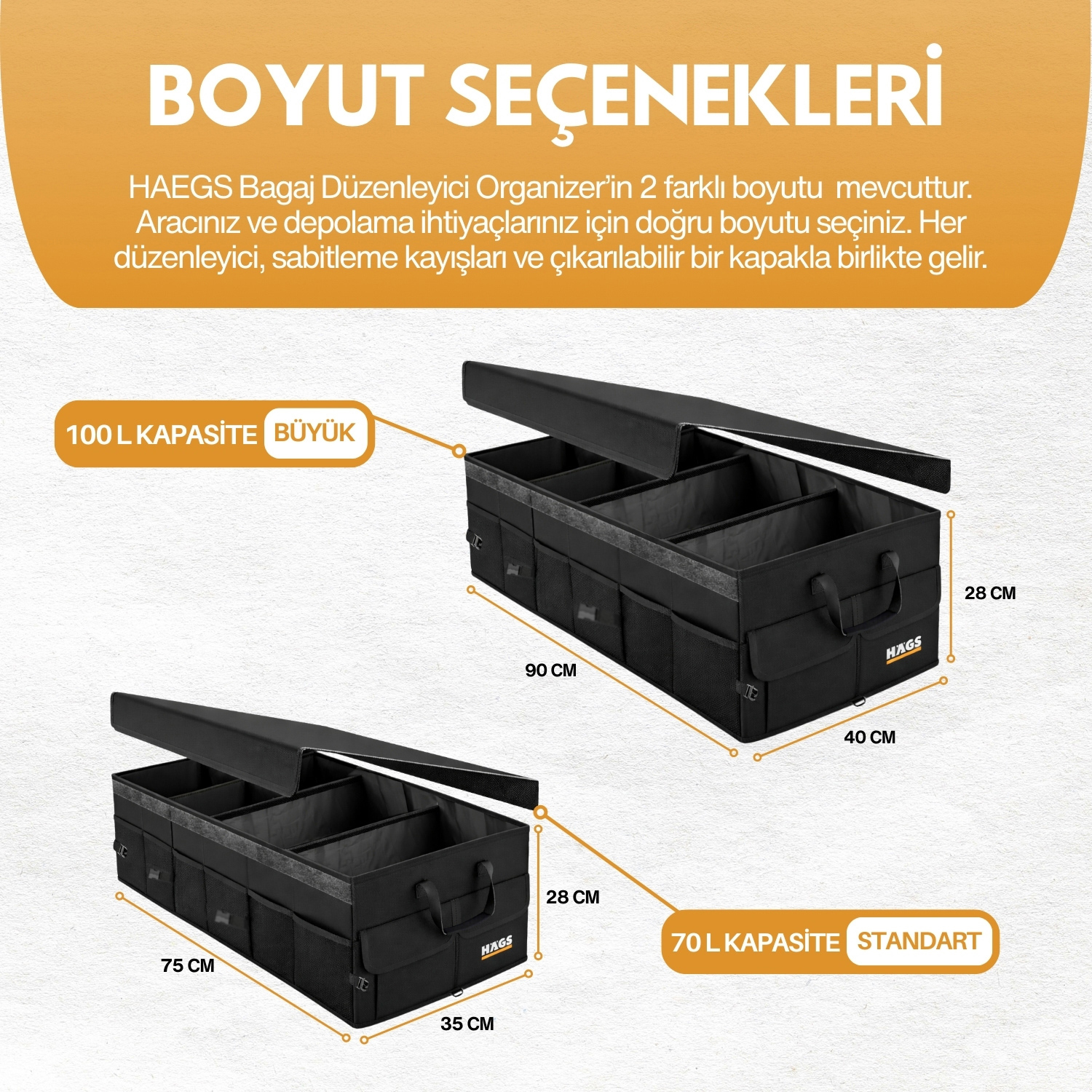HAEGS Araç Bagaj Düzenleyici Soğutucu Çantalı Bagaj Organizer Sağlam Katlanabilir Otomobil ve SUV lar için Cepli 3 Ana Bölmeli 70L 75x35x28 cm - Bej 2