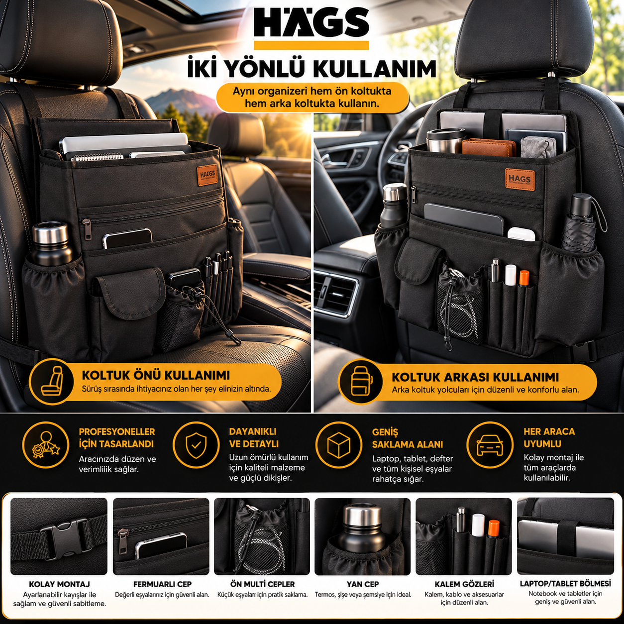 HAEGS Araç Ön Koltuk Organizer Çanta Araba içi Düzenleyici Organizer Omuz Askılı Taşınabilir Ön Arka Koltuk Arkası Multi İşlevli Saklama Çantası Teknisyen Plasiyer Polis Araç Çantası - Bej 8
