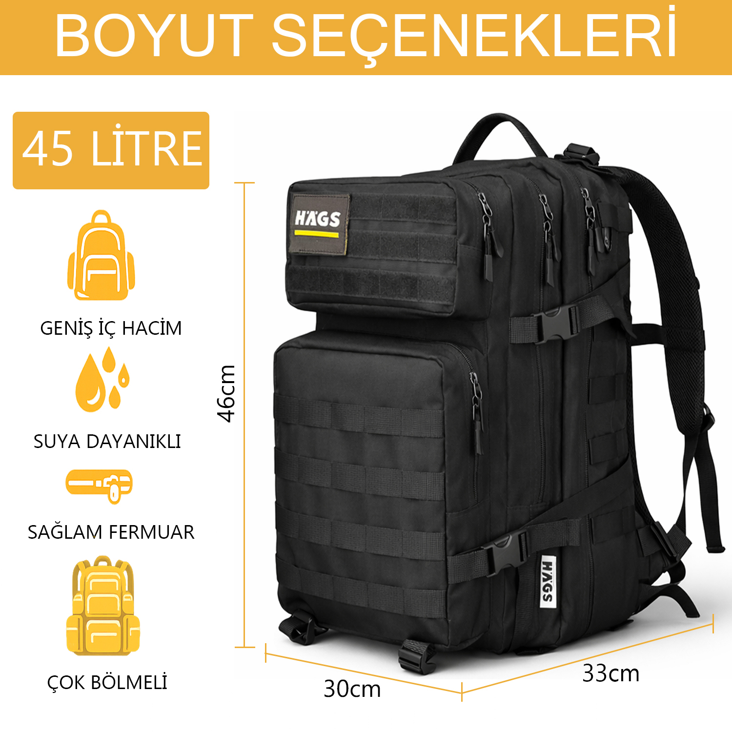 HAEGS Askeri Taktik Sırt Çantası Ordu Derecesinde Sağlam Ağır Hizmet Taktik Çanta 3 Günlük Acil Durum Hücum Çantası Kampçılık Dağcılık Trekking Seyahat Sırt Çantası- 45L - Yeşil 3