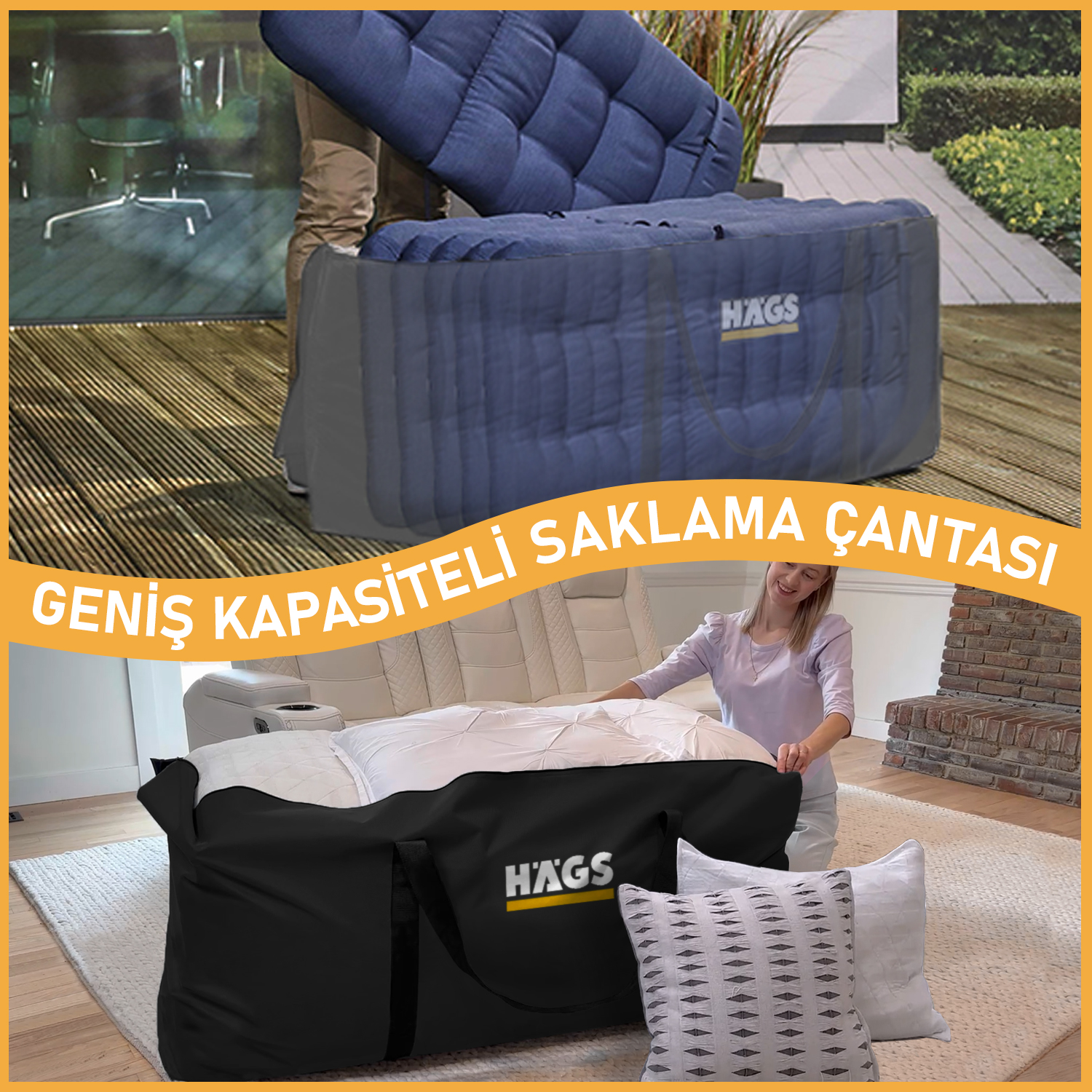 HAEGS Bahçe Mobilya Yastığı Minderi Saklama Çantası Hurç Yatak Yorgan Yastık Organizer Düzenleyici Depolama Hurcu Çantası Extra Büyük Battal Boy - 725 Lt Siyah 7