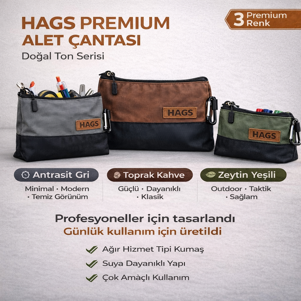 HAEGS Fermuarlı Küçük Alet Çantası Oxford Kumaş Karabina Kancalı Su Geçirmez Dik Durabilen Çok Amaçlı Alet Takım Organizer Düzenleyici Saklama Çantası Ağır Hizmet Tipi 3 lu Karışık Boy - Kahverengi 2