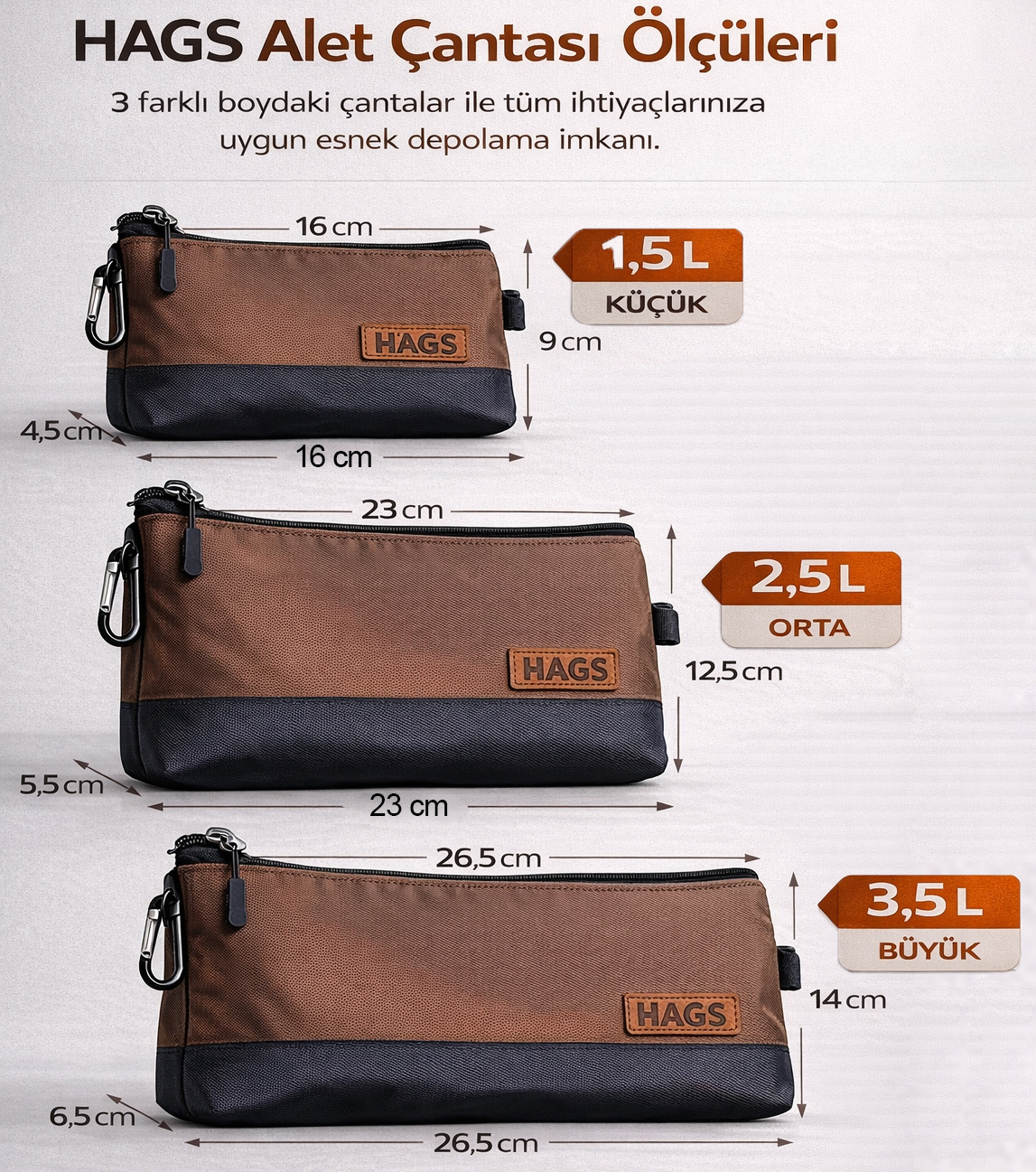HAEGS Fermuarlı Küçük Alet Çantası Oxford Kumaş Karabina Kancalı Su Geçirmez Dik Durabilen Çok Amaçlı Alet Takım Organizer Düzenleyici Saklama Çantası Ağır Hizmet Tipi 3 lu Karışık Boy - Kahverengi 4