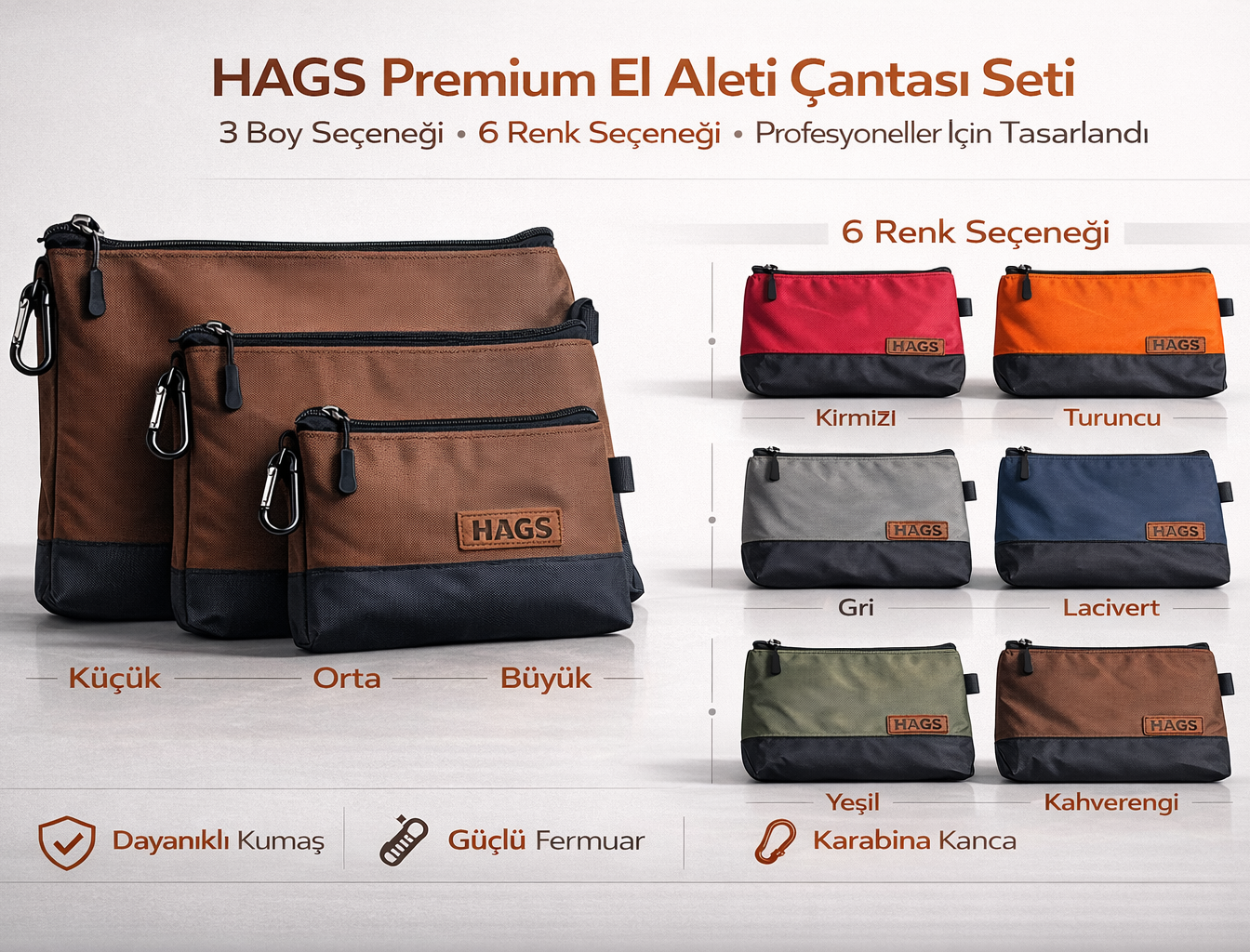 HAEGS Fermuarlı Küçük Alet Çantası Oxford Kumaş Karabina Kancalı Su Geçirmez Dik Durabilen Çok Amaçlı Alet Takım Organizer Düzenleyici Saklama Çantası Ağır Hizmet Tipi 3 lu Karışık Boy - Kahverengi 5