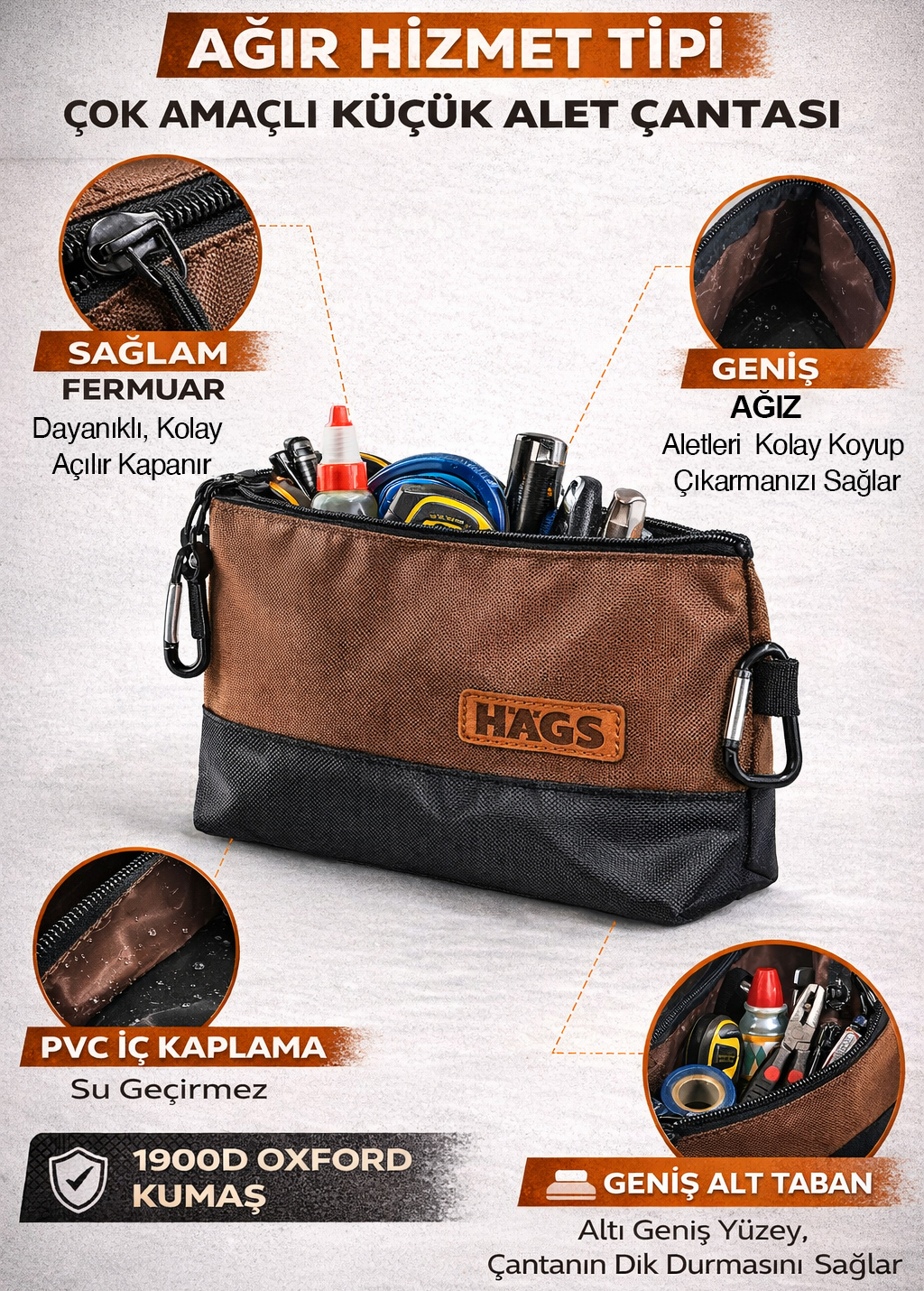 HAEGS Fermuarlı Küçük Alet Çantası Oxford Kumaş Karabina Kancalı Su Geçirmez Dik Durabilen Çok Amaçlı Alet Takım Organizer Düzenleyici Saklama Çantası Ağır Hizmet Tipi 3 lu Karışık Boy - Kahverengi 6