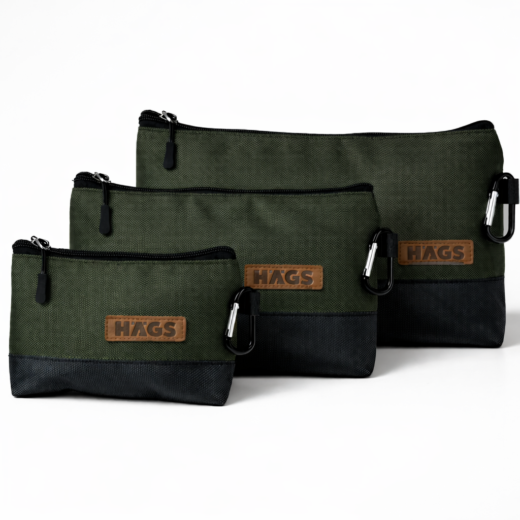 HAEGS Fermuarlı Küçük Alet Çantası Oxford Kumaş Karabina Kancalı Su Geçirmez Dik Durabilen Çok Amaçlı Alet Takım Organizer Düzenleyici Saklama Çantası Ağır Hizmet Tipi 3 lu Karışık Boy - Yeşil