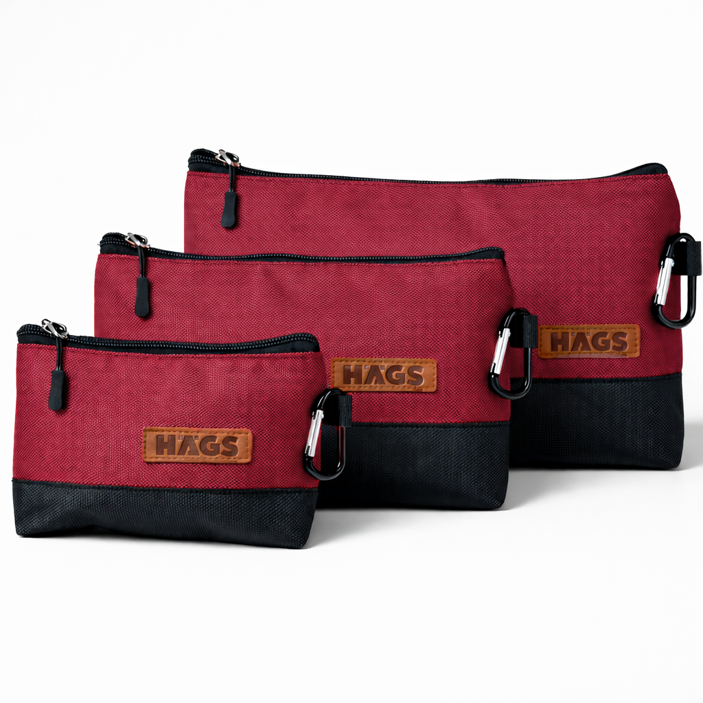 HAEGS Fermuarlı Küçük Alet Çantası Oxford Kumaş Karabina Kancalı Su Geçirmez Dik Durabilen Çok Amaçlı Alet Takım Organizer Düzenleyici Saklama Çantası Ağır Hizmet Tipi 3 lu Karışık Boy - Kırmızı