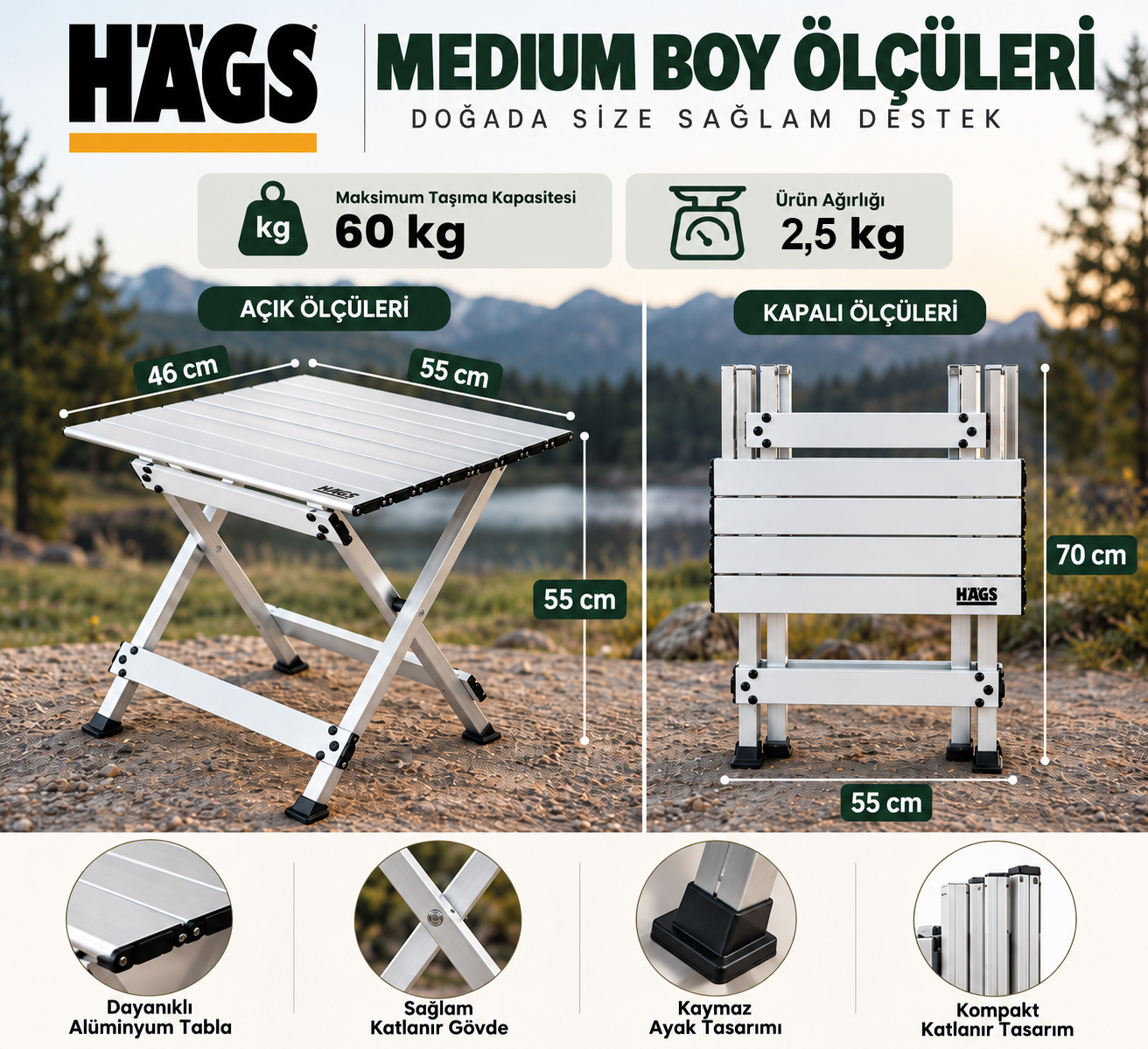 HAEGS Katlanır Kamp Masası X Fold Komple Alüminyum Kolay Katlanır Kamp Piknik Balkon Veranda Masası Sehpa Medium 55 x 46 cm - Gümüş 3