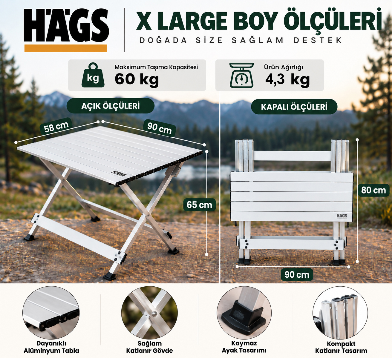 HAEGS Katlanır Kamp Masası X Fold Komple Alüminyum Kolay Katlanır Kamp Piknik Balkon Veranda Masası Sehpa X-Large 90 x 58 cm - Gümüş 3