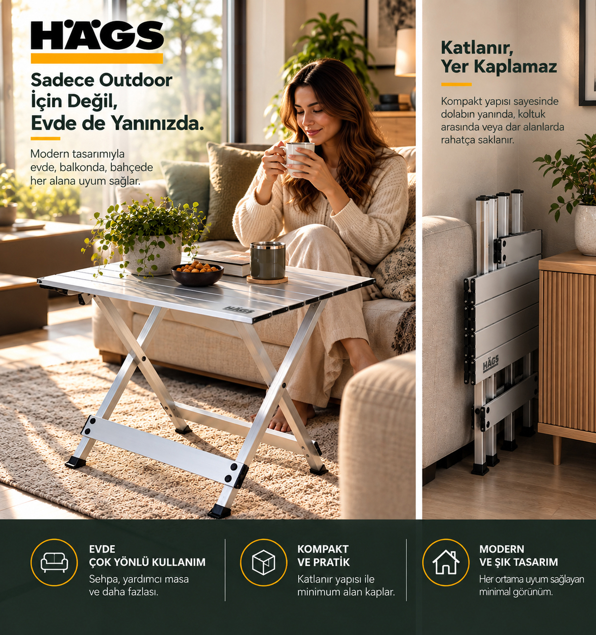 HAEGS Katlanır Kamp Masası X Fold Komple Alüminyum Kolay Katlanır Kamp Piknik Balkon Veranda Masası Sehpa X-Large 90 x 58 cm - Gümüş 5