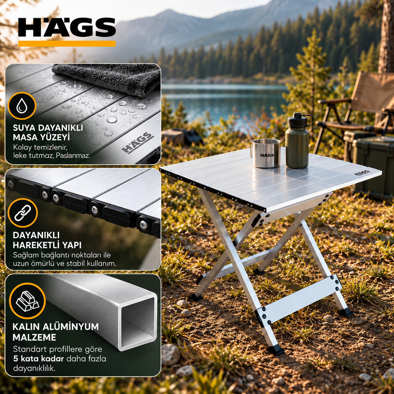 HAEGS Katlanır Kamp Masası X Fold Komple Alüminyum Kolay Katlanır Kamp Piknik Balkon Veranda Masası Sehpa X-Large 90 x 58 cm - Gümüş 6