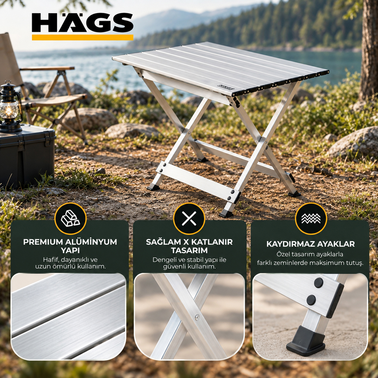 HAEGS Katlanır Kamp Masası X Fold Komple Alüminyum Kolay Katlanır Kamp Piknik Balkon Veranda Masası Sehpa X-Large 90 x 58 cm - Gümüş 7