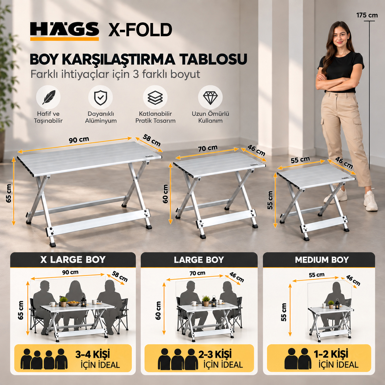 HAEGS Katlanır Kamp Masası X Fold Komple Alüminyum Kolay Katlanır Kamp Piknik Balkon Veranda Masası Sehpa X-Large 90 x 58 cm - Gümüş 4