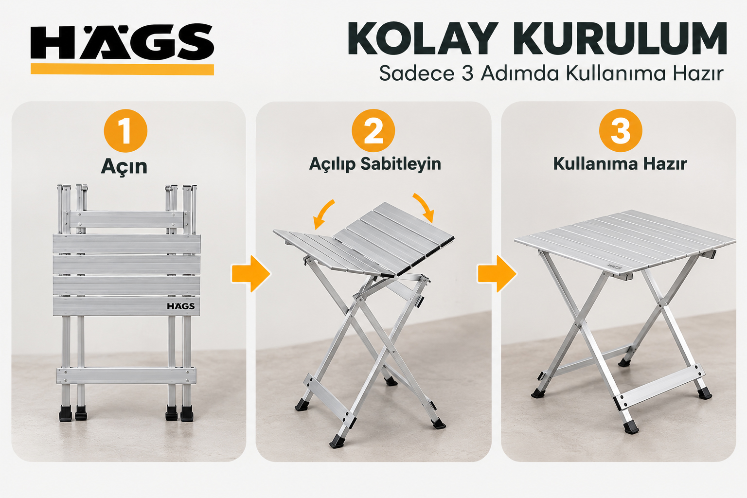 HAEGS Katlanır Kamp Masası X Fold Komple Alüminyum Kolay Katlanır Kamp Piknik Balkon Veranda Masası Sehpa X-Large 90 x 58 cm - Gümüş 8