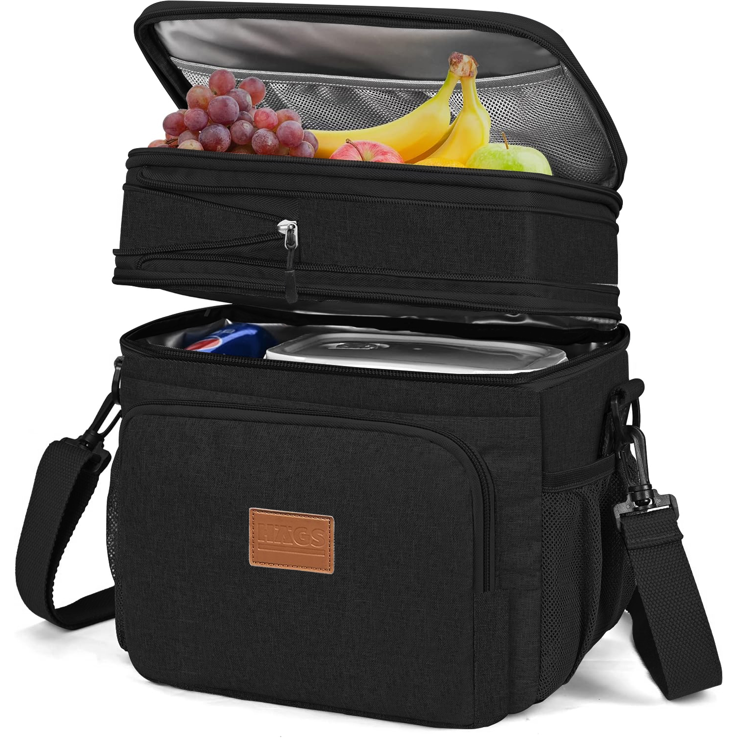 HAEGS Körüklü Termal Termos Çanta Çift Bölmeli Genişleyebilen Soğuk Sıcak Tutucu Yalıtımlı Beslenme Çantası Soğutucu Buzluk Yemek Taşıma Çantası 21L - Siyah