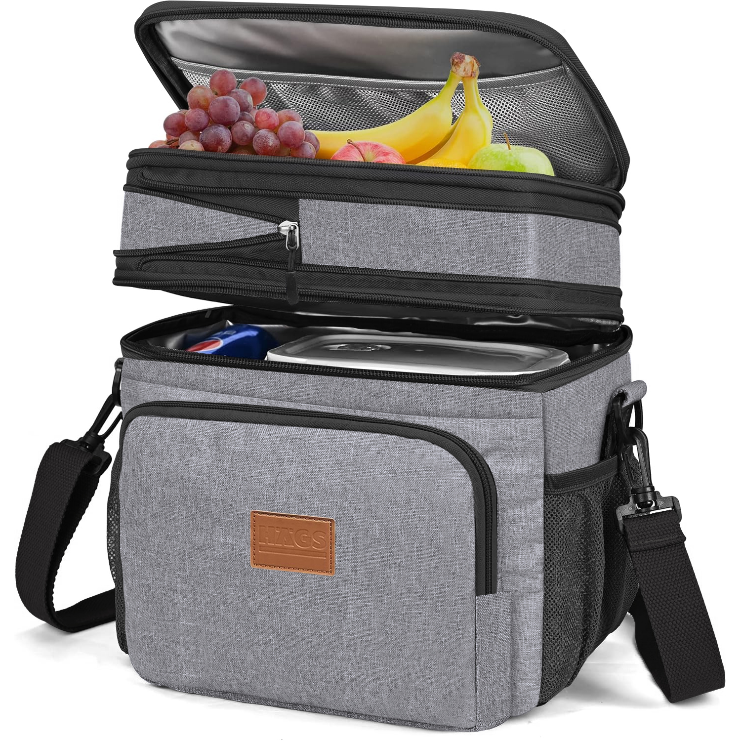 HAEGS Körüklü Termal Termos Çanta Çift Bölmeli Genişleyebilen Soğuk Sıcak Tutucu Yalıtımlı Beslenme Çantası Soğutucu Buzluk Yemek Taşıma Çantası 21L - Gri