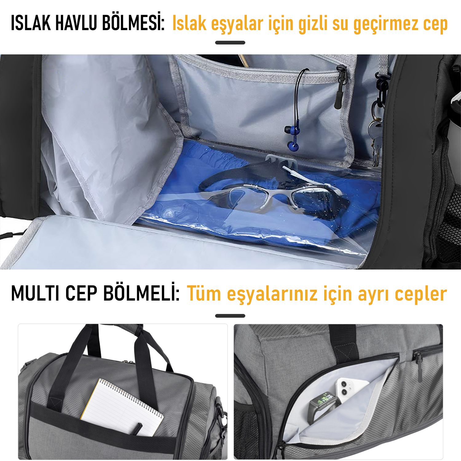 HAEGS Spor Çantası 10 Cepli Ayakkabı bölmeli Su Geçirmez Islak Eşya Keseli Organizer Tasarımlı Dayanıklı Bay Bayan Seyahat Çantası Gym Fitness Çantası Medium - Lacivert 5