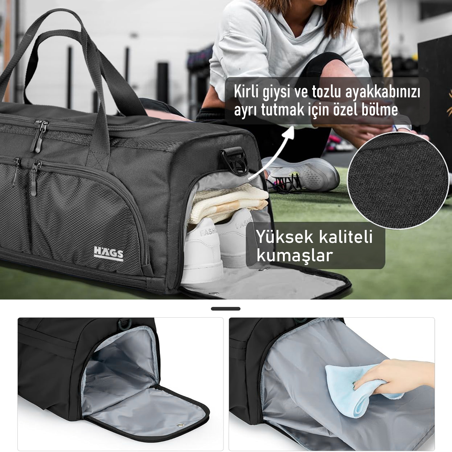 HAEGS Spor Çantası 10 Cepli Ayakkabı bölmeli Su Geçirmez Islak Eşya Keseli Organizer Tasarımlı Dayanıklı Bay Bayan Seyahat Çantası Gym Fitness Çantası Medium - Siyah 5