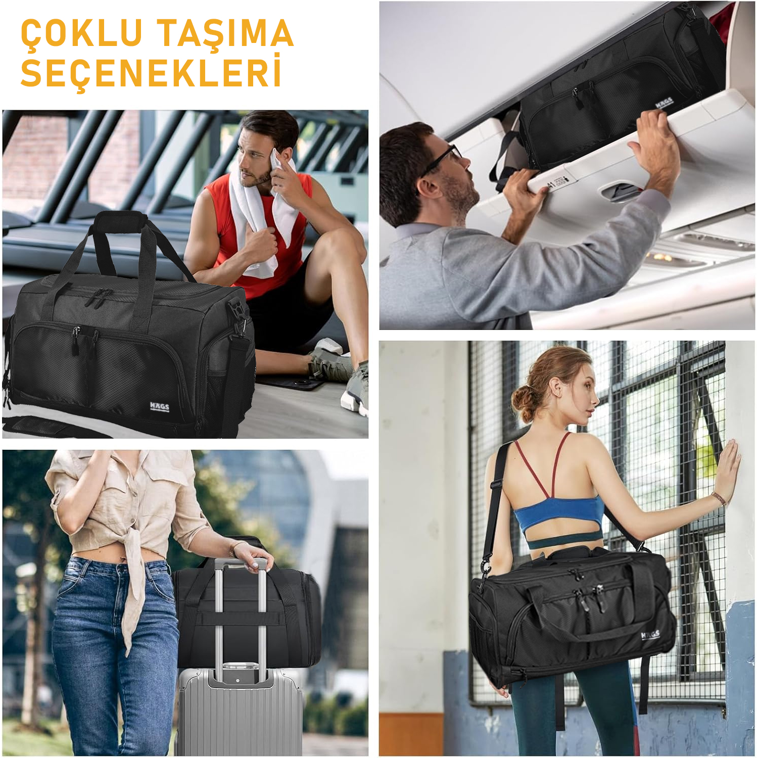 HAEGS Spor Çantası 10 Cepli Ayakkabı bölmeli Su Geçirmez Islak Eşya Keseli Organizer Tasarımlı Dayanıklı Bay Bayan Seyahat Çantası Gym Fitness Çantası Medium - Siyah 7