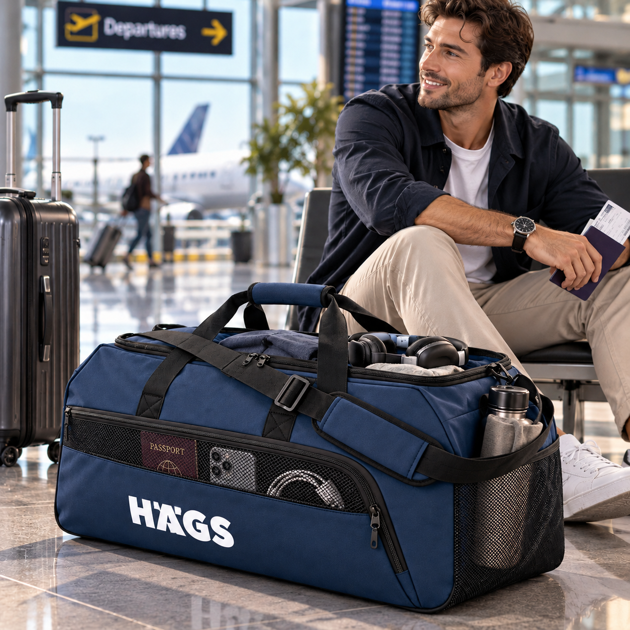 HAEGS Spor Seyahat Çantası Duffle Bag Taşıma Çantası Su Geçirmez Dayanıklı Erkek Kadın için Büyük Boy Spor Çantası Sports Kamp Malzemeleri Taşıma Saklama için 65Lt - Koyu Mavi 2