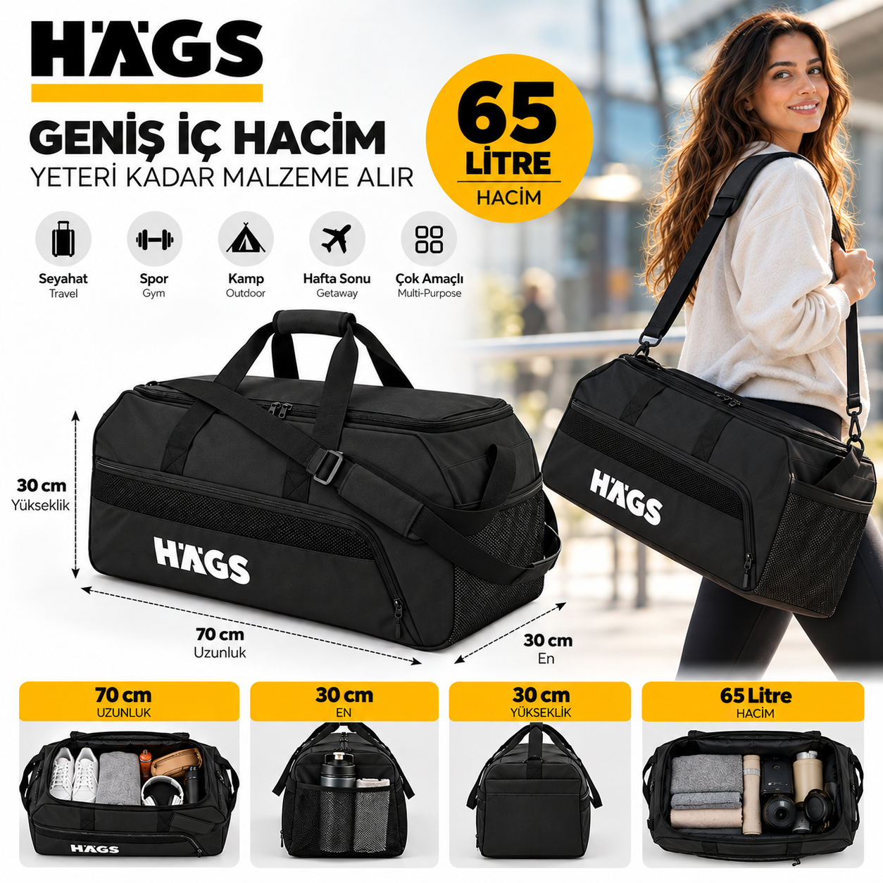 HAEGS Spor Seyahat Çantası Duffle Bag Taşıma Çantası Su Geçirmez Dayanıklı Erkek Kadın için Büyük Boy Spor Çantası Sports Kamp Malzemeleri Taşıma Saklama için 65Lt - Gri 3