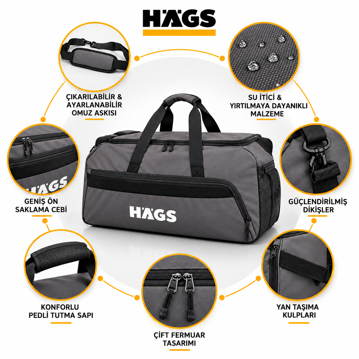 HAEGS Spor Seyahat Çantası Duffle Bag Taşıma Çantası Su Geçirmez Dayanıklı Erkek Kadın için Büyük Boy Spor Çantası Sports Kamp Malzemeleri Taşıma Saklama için 65Lt - Gri 6