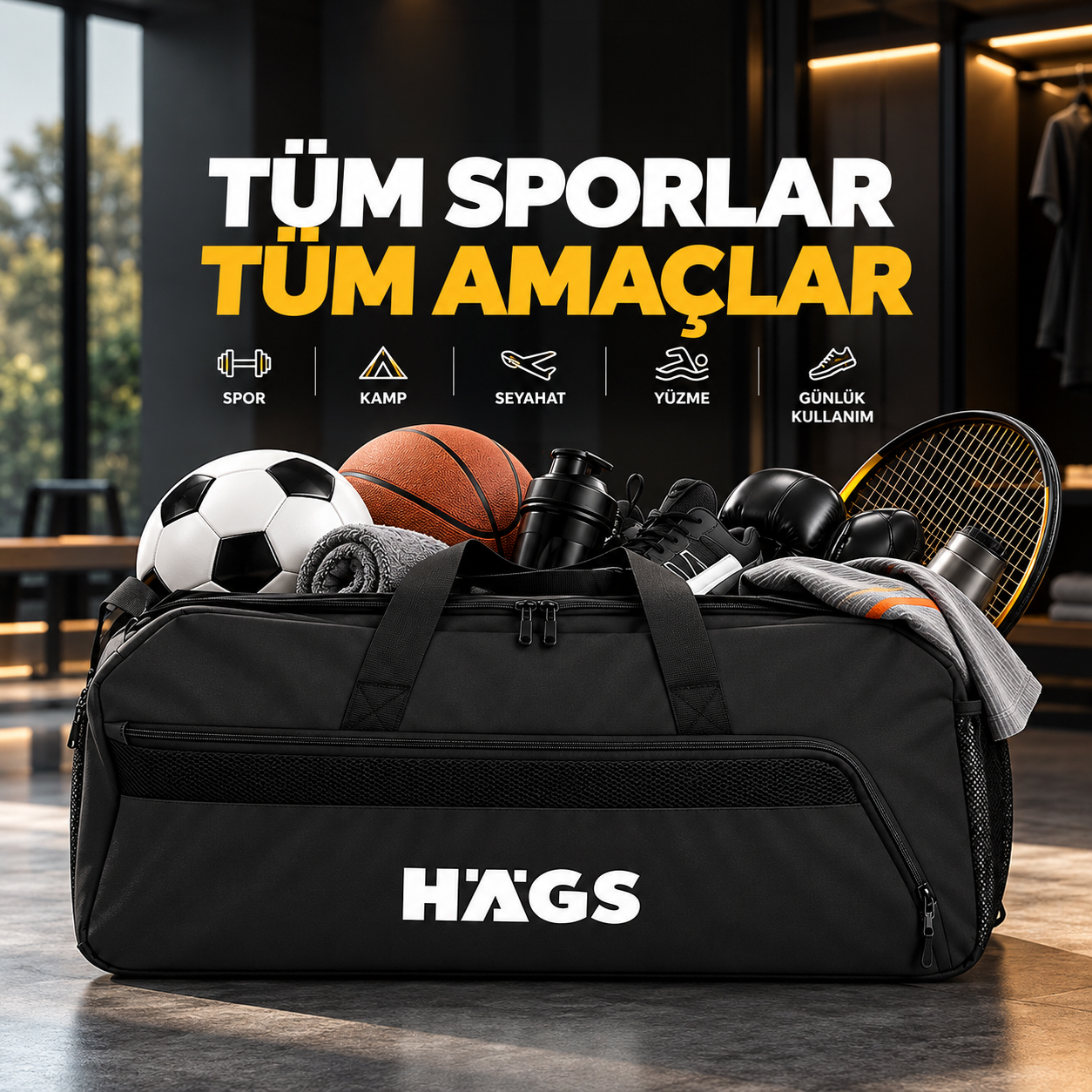 HAEGS Spor Seyahat Çantası Duffle Bag Taşıma Çantası Su Geçirmez Dayanıklı Erkek Kadın için Büyük Boy Spor Çantası Sports Kamp Malzemeleri Taşıma Saklama için 65Lt - Gri 7