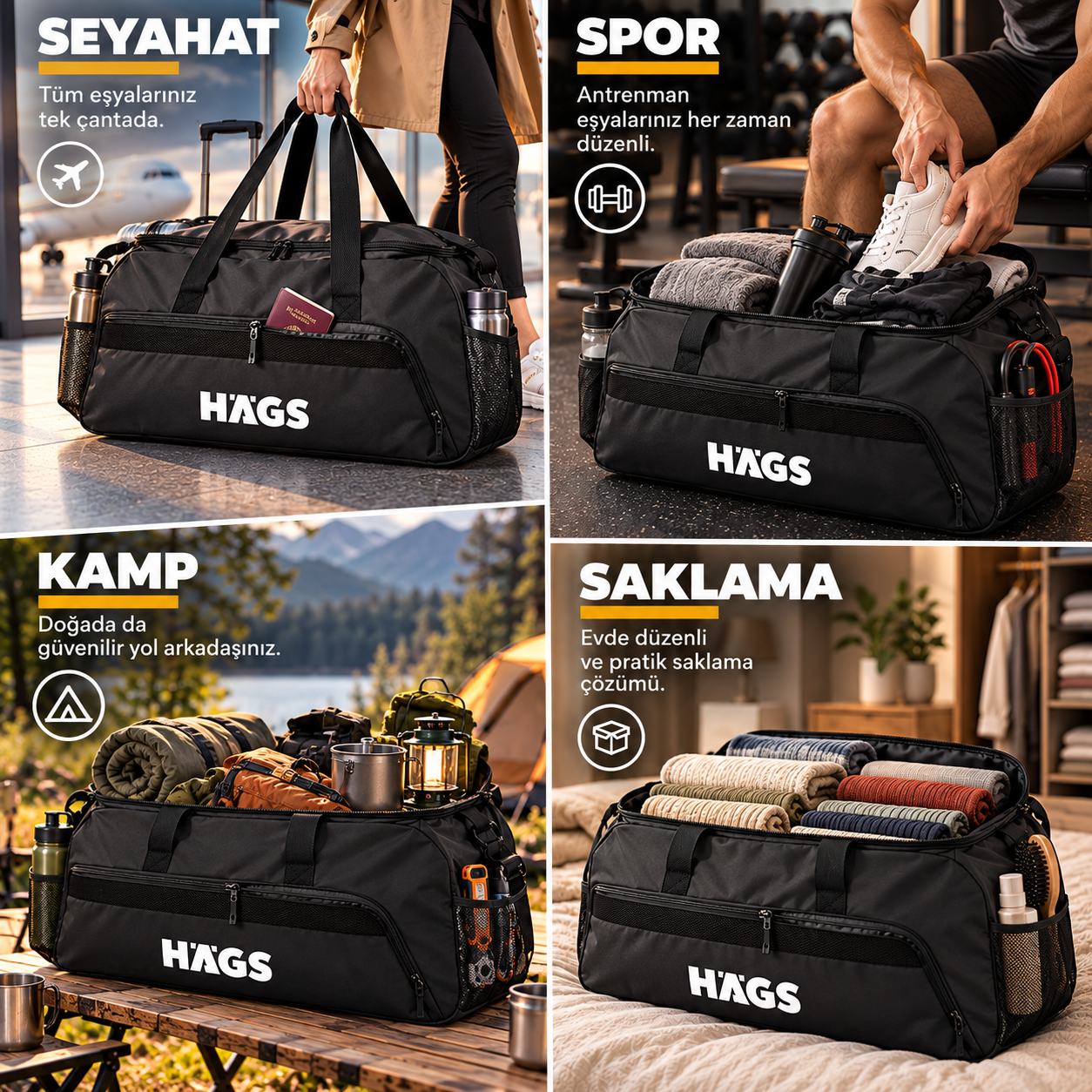HAEGS Spor Seyahat Çantası Duffle Bag Taşıma Çantası Su Geçirmez Dayanıklı Erkek Kadın için Büyük Boy Spor Çantası Sports Kamp Malzemeleri Taşıma Saklama için 65Lt - Gri 8