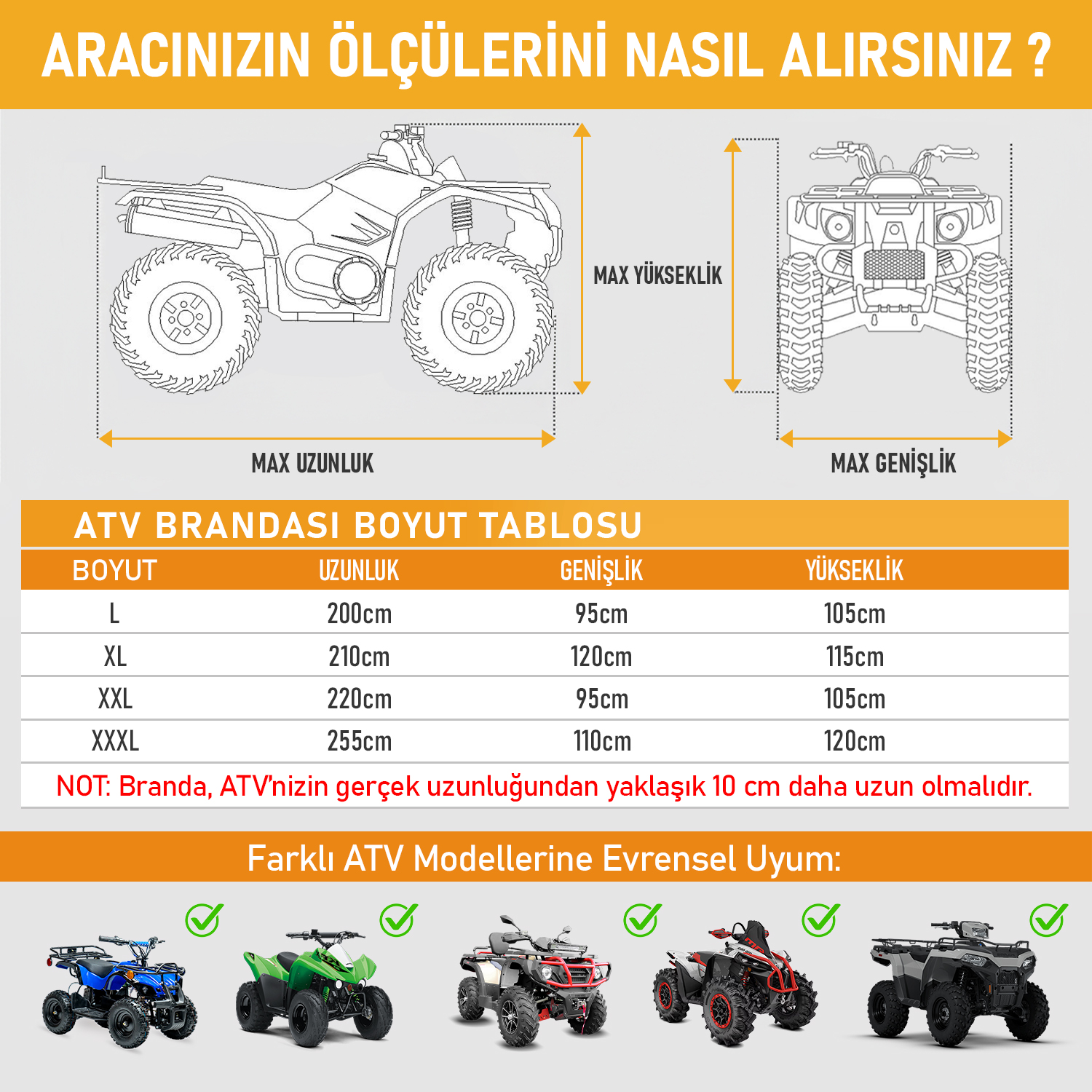 Haegs ATV Brandası ATV Koruma Kılıfı Örtüsü Su Geçirmez Dış Mekan Ağır Hizmet Tipi 4 Mevsim XL-210-120-115cm - Gri 4