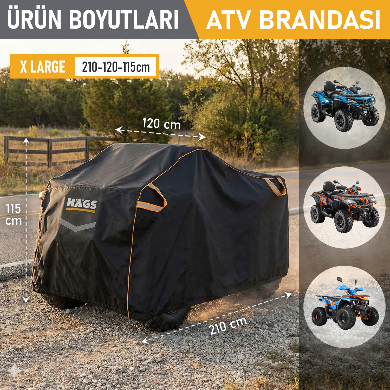 Haegs ATV Brandası ATV Koruma Kılıfı Örtüsü Su Geçirmez Dış Mekan Ağır Hizmet Tipi 4 Mevsim XL-210-120-115cm - Gri 3