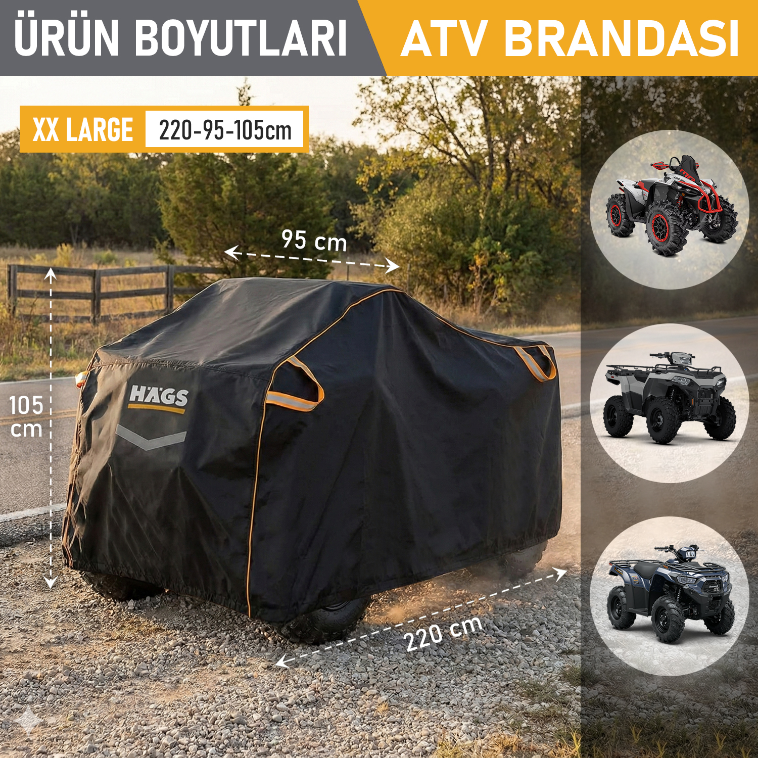 Haegs ATV Brandası ATV Koruma Kılıfı Örtüsü Su Geçirmez Dış Mekan Ağır Hizmet Tipi 4 Mevsim XXL-220-95-105 - Siyah - Gri 3