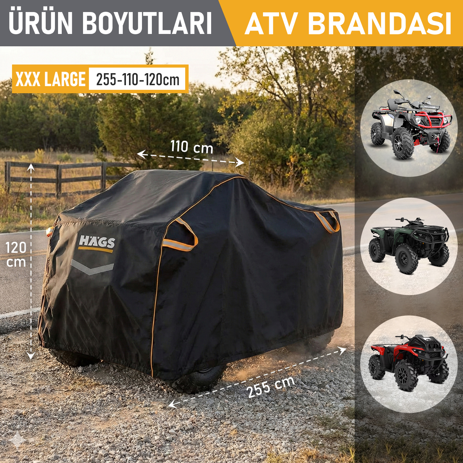 Haegs ATV Brandası ATV Koruma Kılıfı Örtüsü Su Geçirmez Dış Mekan Ağır Hizmet Tipi 4 Mevsim XXXL-255-110-120 - Siyah 3