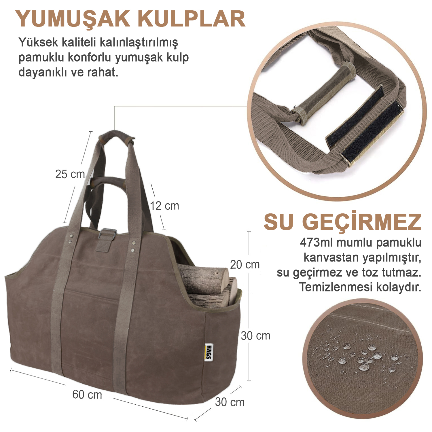 Haegs Ağır Hizmet Çantası Waxed Kanvas Şömine Odun Çantası Yakacak Kütük Taşıma Depolama Çantası Şömine Odunluk Aksesuarları - Büyük Boy - Kahverengi 2
