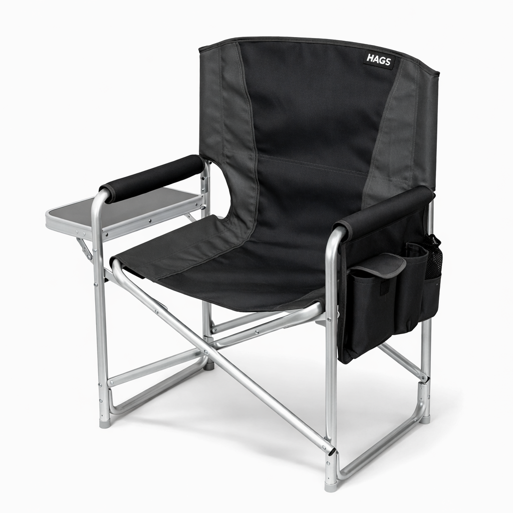 Haegs Alüminyum Kamp Sandalyesi Hafif Taşınabilir Katlanır Yönetmen Sandalyesi Yan Sehpa ve Çıkarılabilir Yan Cep ile Açık Hava Kampı Çim Piknik Bahçe Teras Balkon için Uygun Siyah