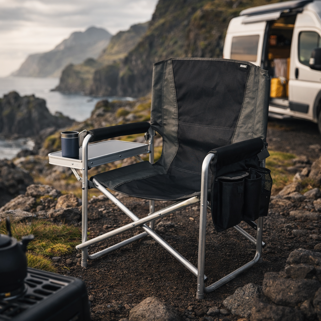 Haegs Alüminyum Kamp Sandalyesi Hafif Taşınabilir Katlanır Yönetmen Sandalyesi Yan Sehpa ve Çıkarılabilir Yan Cep ile Açık Hava Kampı Çim Piknik Bahçe Teras Balkon için Uygun Siyah 3