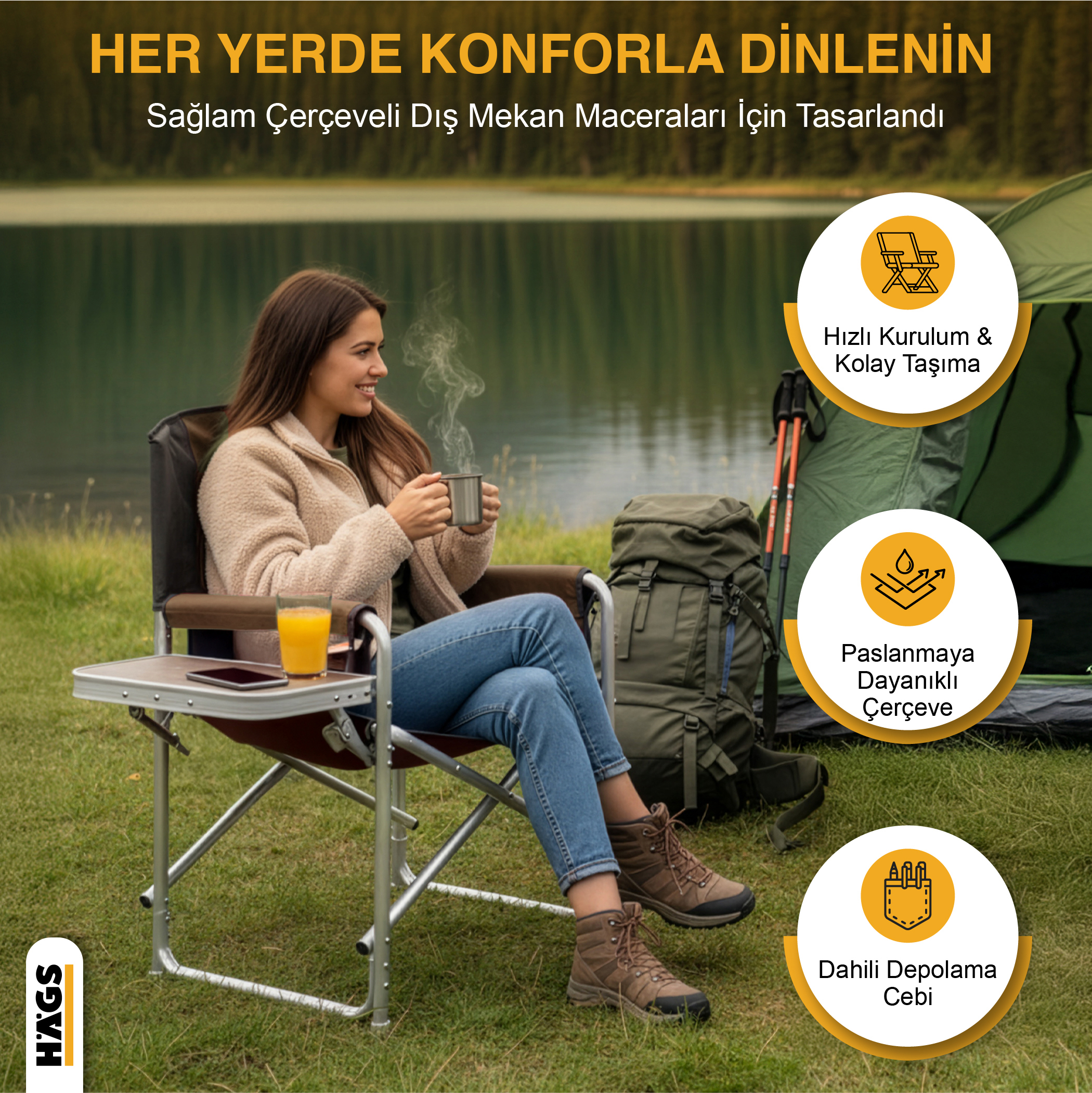 Haegs Alüminyum Kamp Sandalyesi Hafif Taşınabilir Katlanır Yönetmen Sandalyesi Yan Sehpa ve Çıkarılabilir Yan Cep ile Açık Hava Kampı Çim Piknik Bahçe Teras Balkon için Uygun Turuncu 5