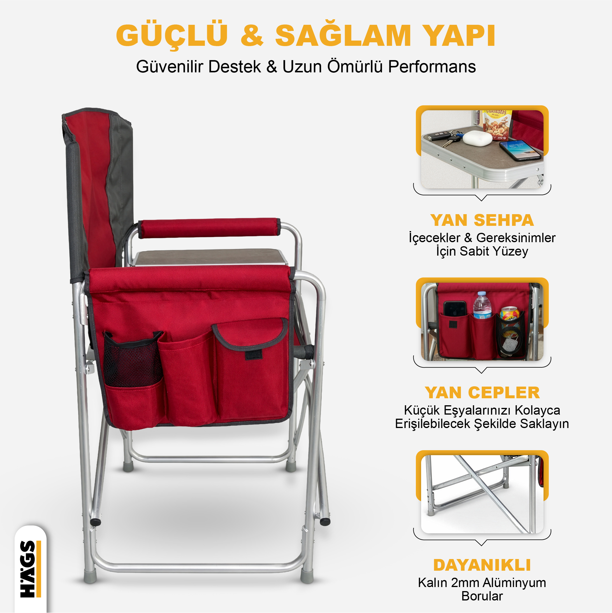 Haegs Alüminyum Kamp Sandalyesi Hafif Taşınabilir Katlanır Yönetmen Sandalyesi Yan Sehpa ve Çıkarılabilir Yan Cep ile Açık Hava Kampı Çim Piknik Bahçe Teras Balkon için Uygun Turuncu 7