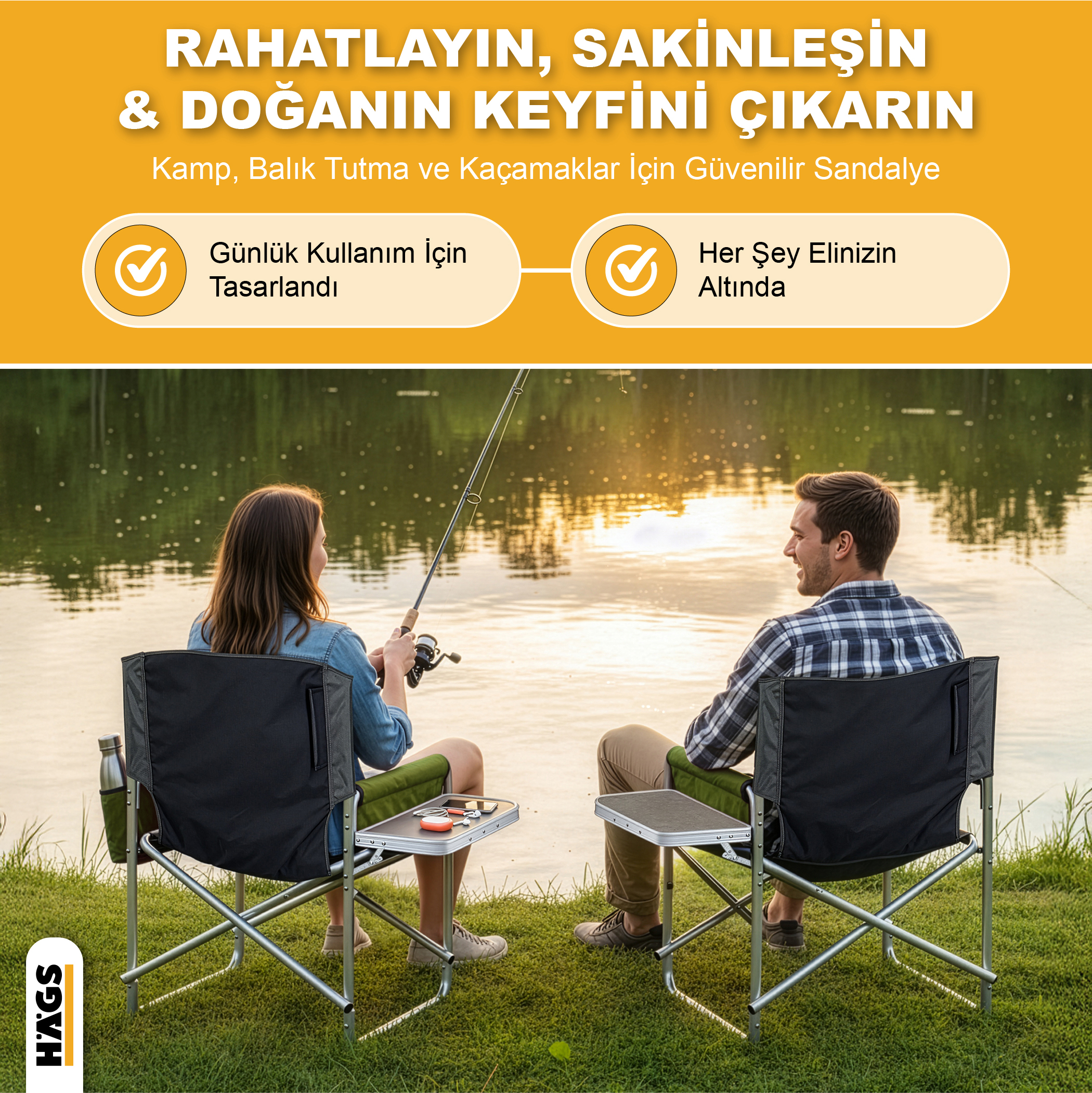 Haegs Alüminyum Kamp Sandalyesi Hafif Taşınabilir Katlanır Yönetmen Sandalyesi Yan Sehpa ve Çıkarılabilir Yan Cep ile Açık Hava Kampı Çim Piknik Bahçe Teras Balkon için Uygun Turuncu 8