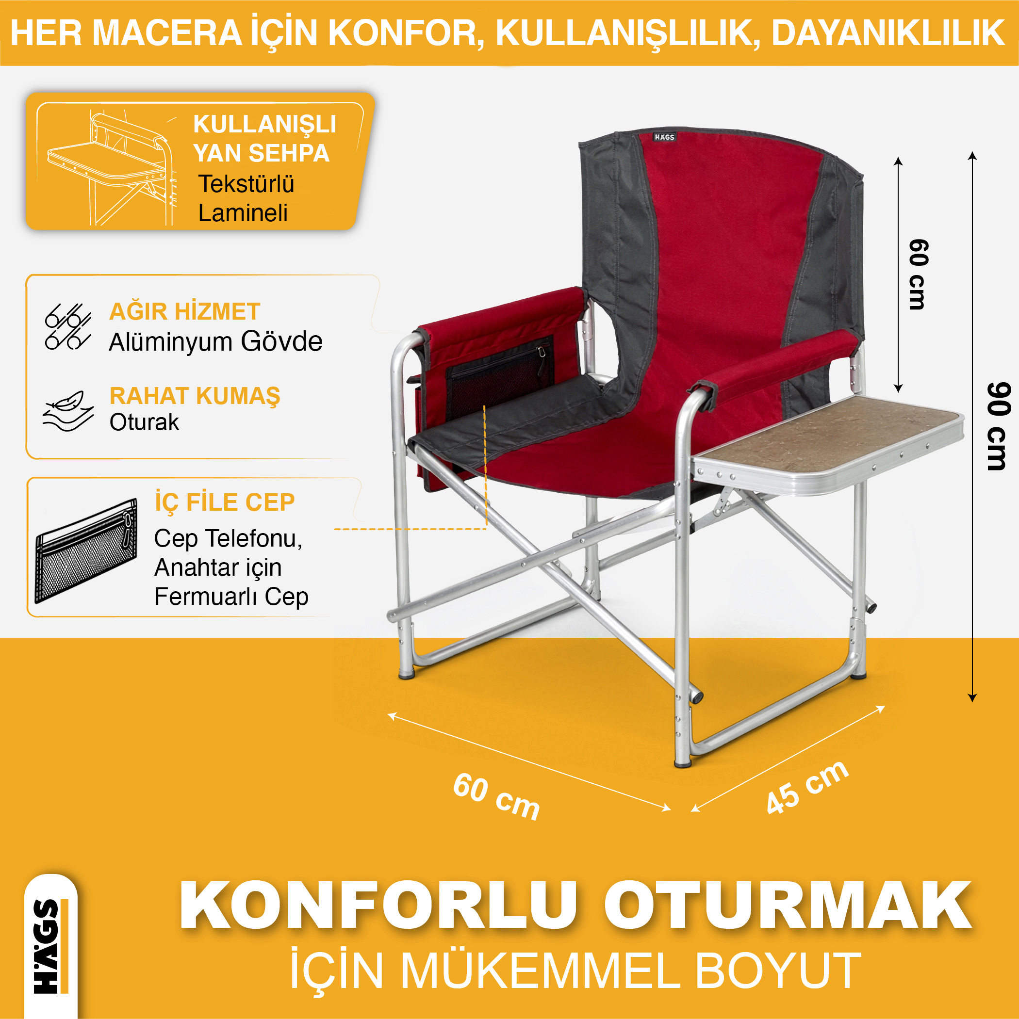 Haegs Alüminyum Kamp Sandalyesi Hafif Taşınabilir Katlanır Yönetmen Sandalyesi Yan Sehpa ve Çıkarılabilir Yan Cep ile Açık Hava Kampı Çim Piknik Bahçe Teras Balkon için Uygun Kahverengi 5
